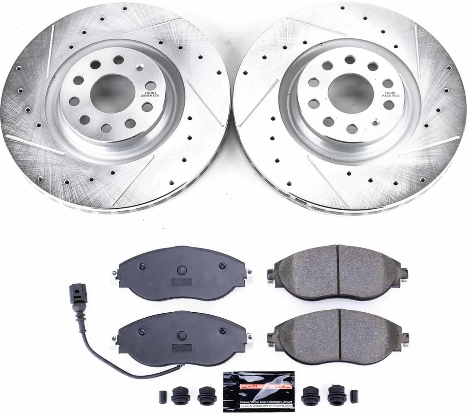 PowerStop Front Brake Kit For Audi A3 Quattro 2019-20 |Q3 2019-25 |S3 2015-20 |Volkswagen Arteon 2019-23 |CC 2013-16 - Drilled and Slotted Disc Rotors with Ceramic Brake Pads Replacement, K7175