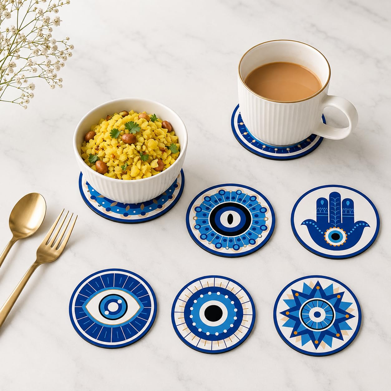 GKD Coaster Set of 6 Beautiful Wooden Evil Eye Theme Design Coasters with Proper Coaster Stand | Designer Coaster Set fit for Tea Cups, Coffee Mugs and Glasses | 6 pc Round 3.5 x 3.5 inch (Eyel Eye)-image-39
