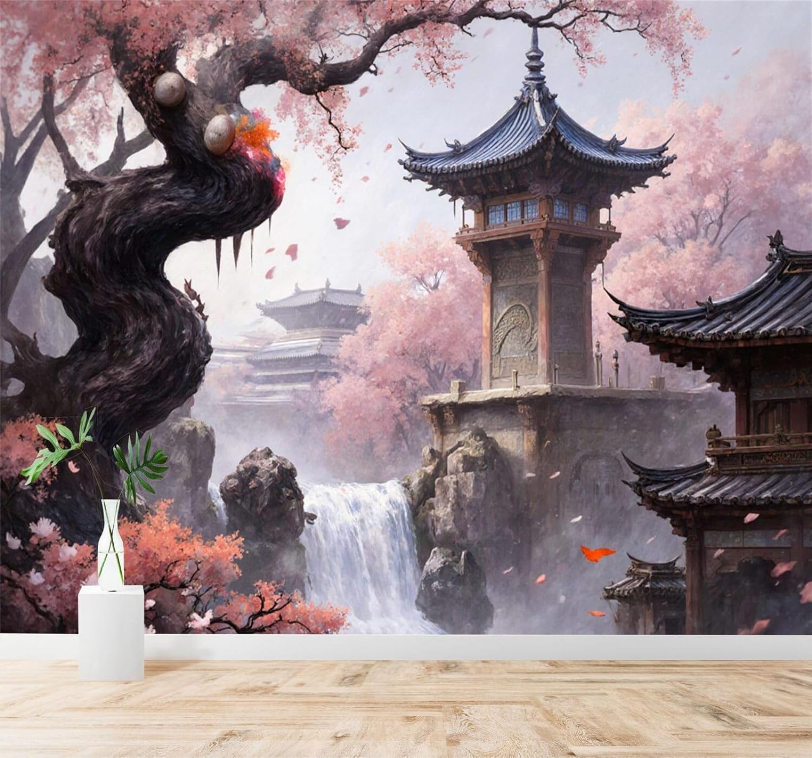 XLMING Ancient Temple Cherry Blossoms Waterfall Misty Mountains Scenery 3D Wallpaper Silky Texture Home Study Office Grey Dining Room Sofa Bedroom Living Room TV Backdrop-400cm×280cm