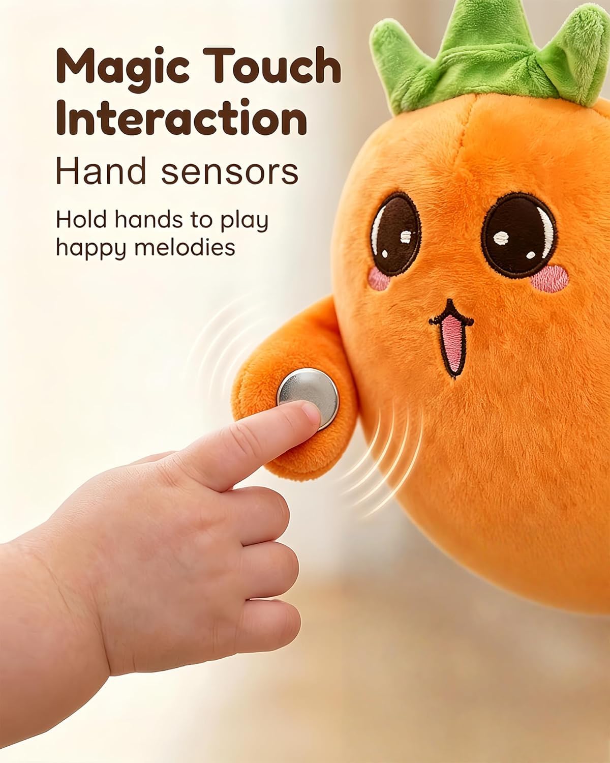 Generico Peluche Musicale Sensoriale, Peluche Musicale Interattivo a Forma di Frutta, Bambola Sonora Tattile Ricaricabile, Pupazzo a Forma di Banana, Regalo per Neonati e Bambini (Carota)