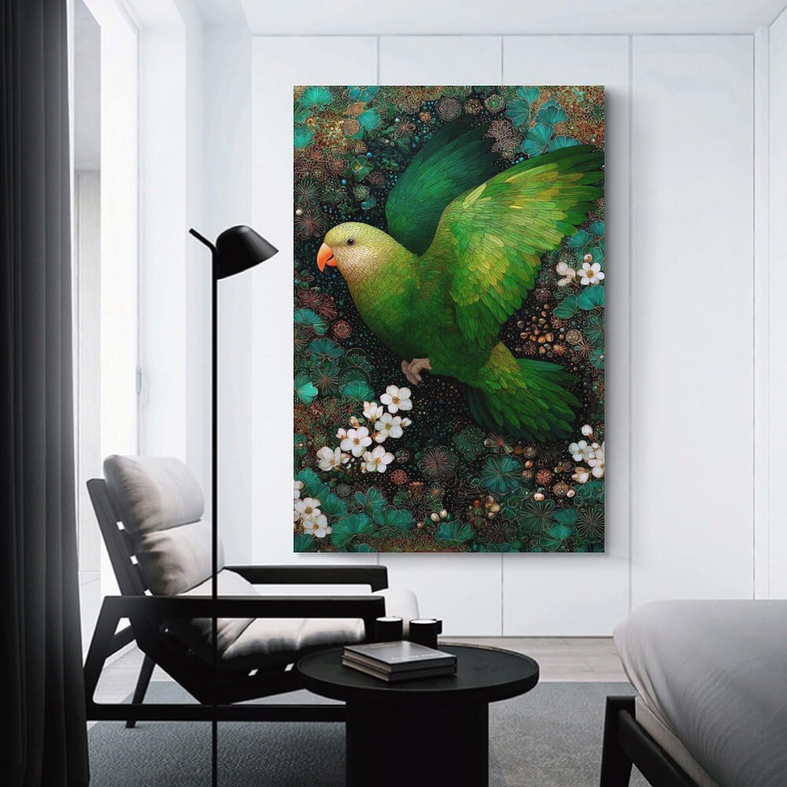 Junmoney Unframe-Style-17-1 Green Parrot In Floral Paradise Decorative Wall Artwork, 24X36inch(60X90cm), For Home Lounge, Bedroom Or Reading Nook, Easy Decor For Gallery Walls
