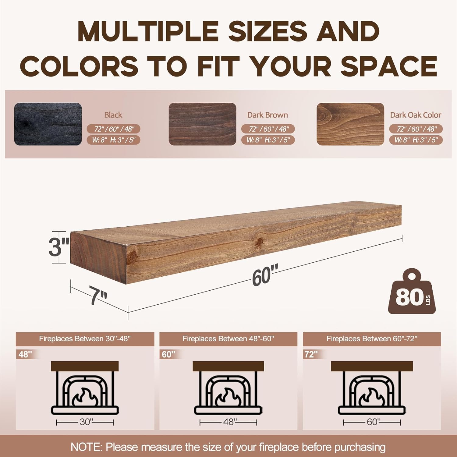 60” Solid Fireplace Mantel, Rustic Floating Wooden Shelf, Wall Mounted Mantel with Invisible Iron Bracket, Dark Oak