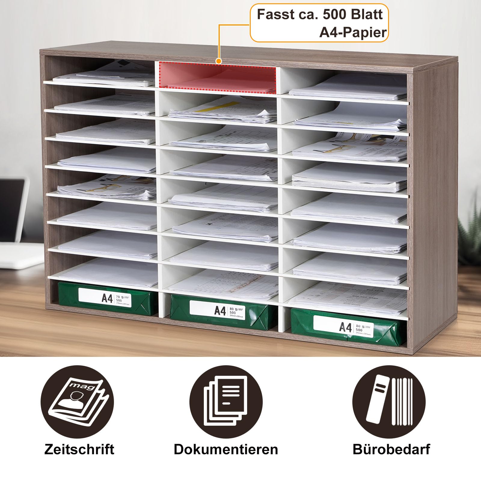 GUUSII HOME Schreibtisch Organizer Schwarz Groß Briefablage A4 Stapelbar Quer Papierablage Aufbewahrung Ablagesystem Organisation Büro Ablage Dokumentenablage 27 Fächern Größe 80x55.1x30.5cm (Walnuss)