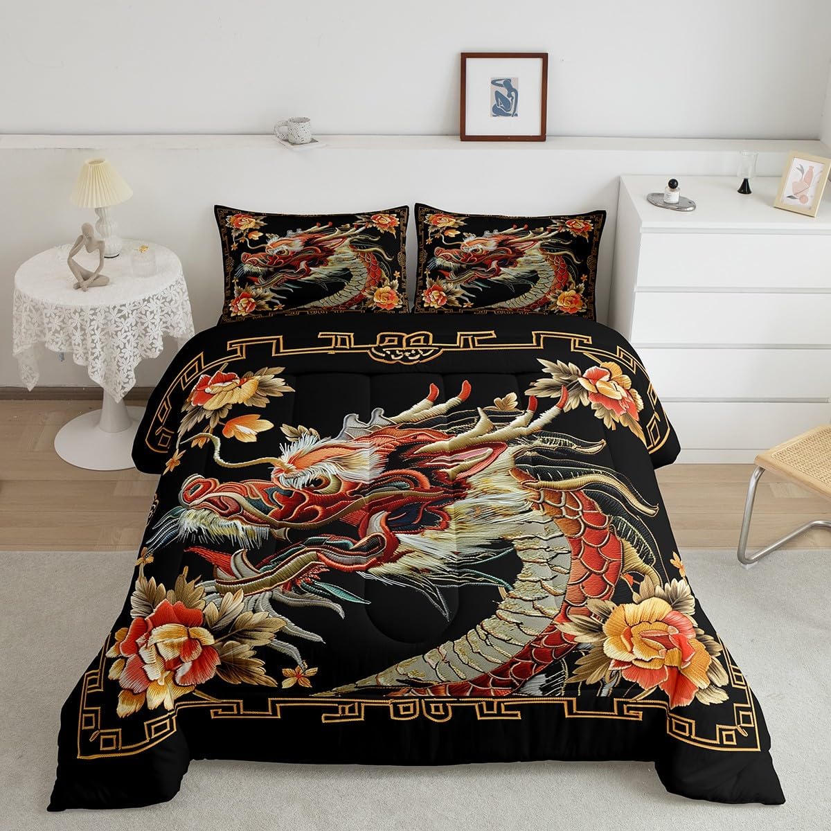 Manfei Chinese Dragon Queen Size Comforter Set,Vintage Western Wild Animal Red Black Down Alternative Adults Room Decor,Rustic Blooming Flowers Retro Ultra Soft Microfiber Inner Fill 3Pcs