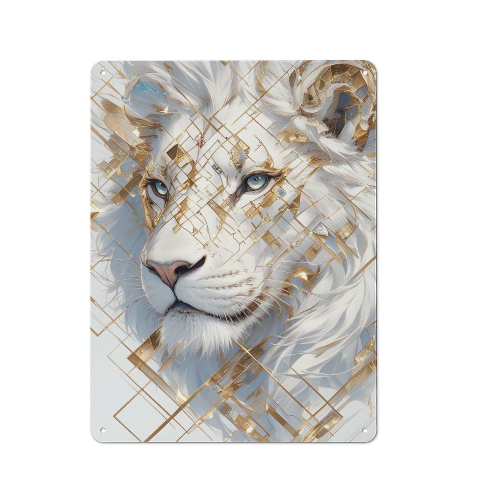 Tin Wall Plaque 40x30cm with White Lion with Golden Geometric Pattern for Hallway Wall, Suited to Wall Displays in Hallways And Entrance Areas