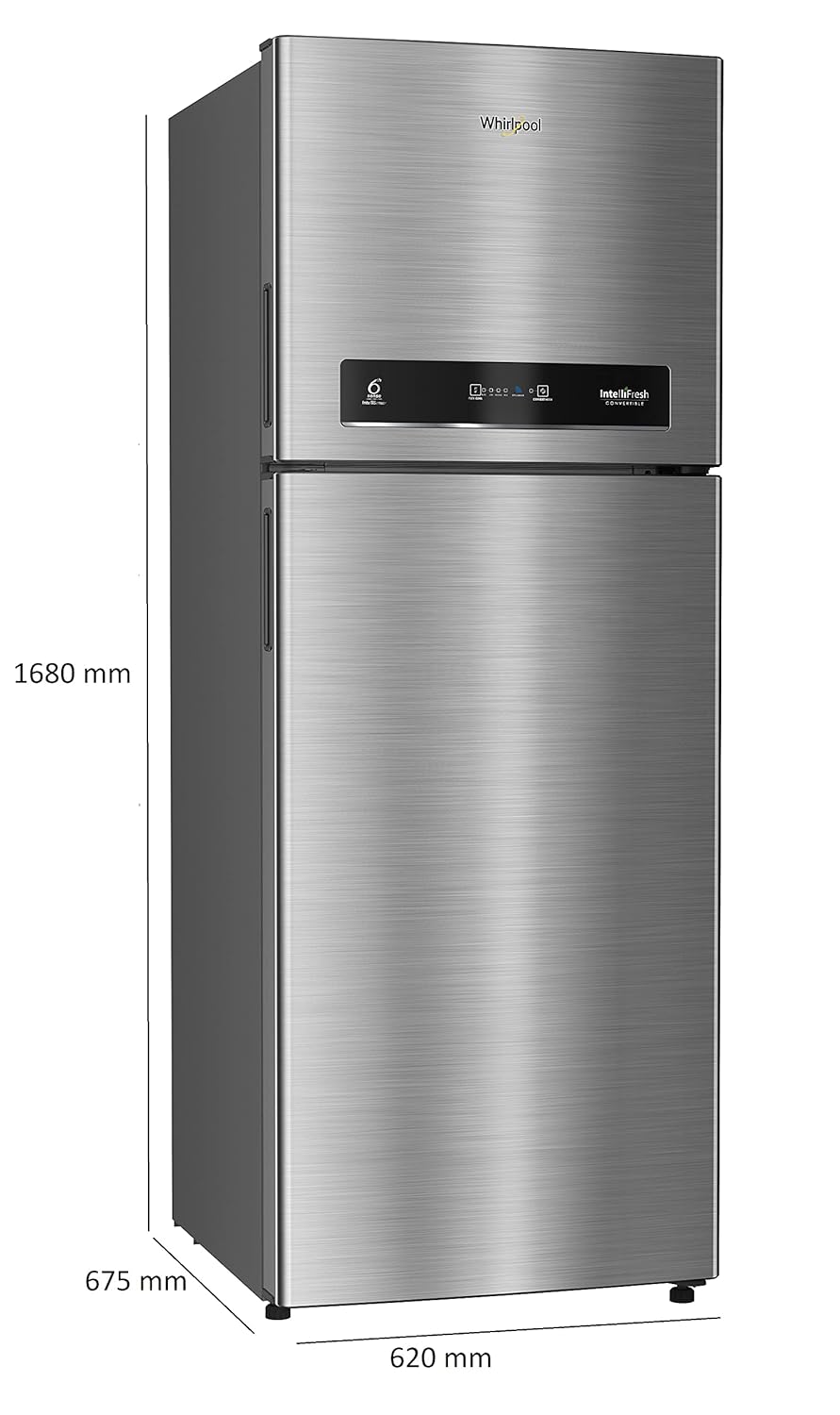 Side view of the Whirlpool refrigerator with dimensions labeled: 1680mm height, 675mm depth, 620mm width.