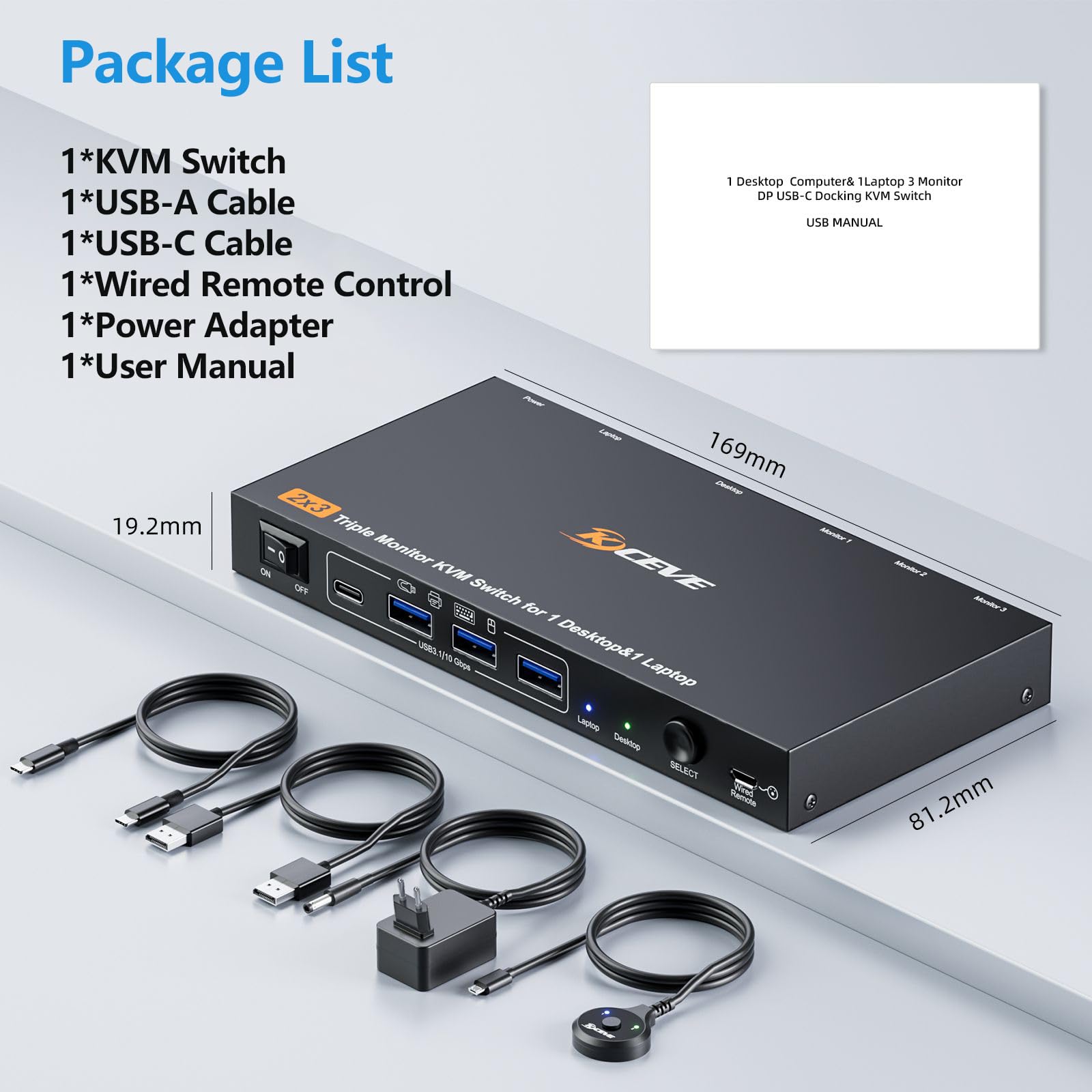 Conmutador KVM 4K@60Hz USB C DP 1 PC 1 Laptop Comparte 3 Monitores y 4 Puertos USB 3.0, PD 100 W para Laptop, Conmutador KVM de Acoplamiento USB-C con Fuente de Alimentación, Control Remoto por Cable