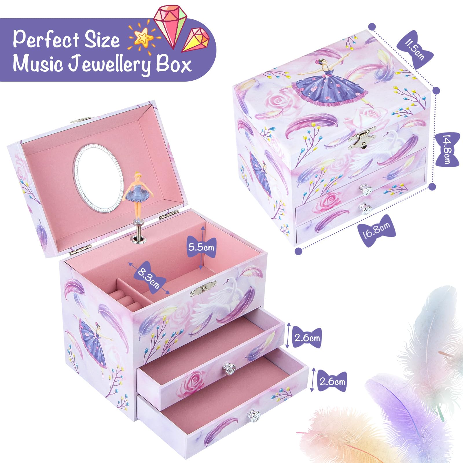 Ballerina Schmuckkästchen für Mädchen, Kinder Spieluhr mit drehender Ballerina, 2 Schubladen und Einhorn Schmuckset, Musikkästchen Geschenk für Kinder Mädchen
