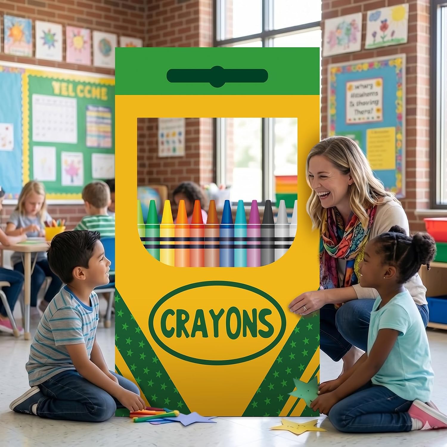 Back to School Photo Prop, Large Crayon Box Cardboard Cutout Stand-Up First Day of School Crayons Box Photo Booth Frame for Students Teacher New Schools Year Classroom Decor Supplies