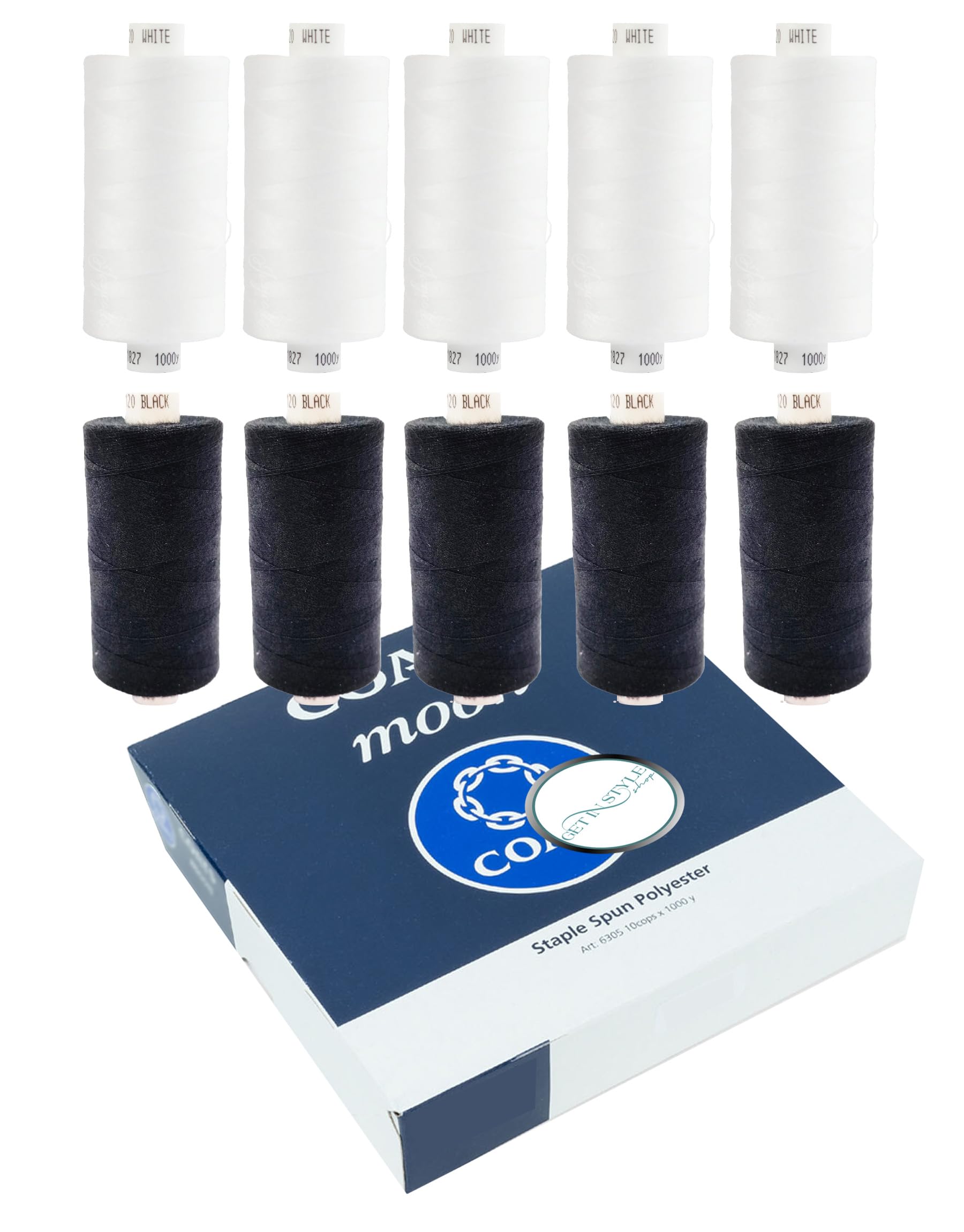 10x 1000 Yard Polyester Coates Moon Sewing Thread 120s, for Hand and Machine Sewing, 5 Black and 5 White – Bundled by GetInStyle Shop