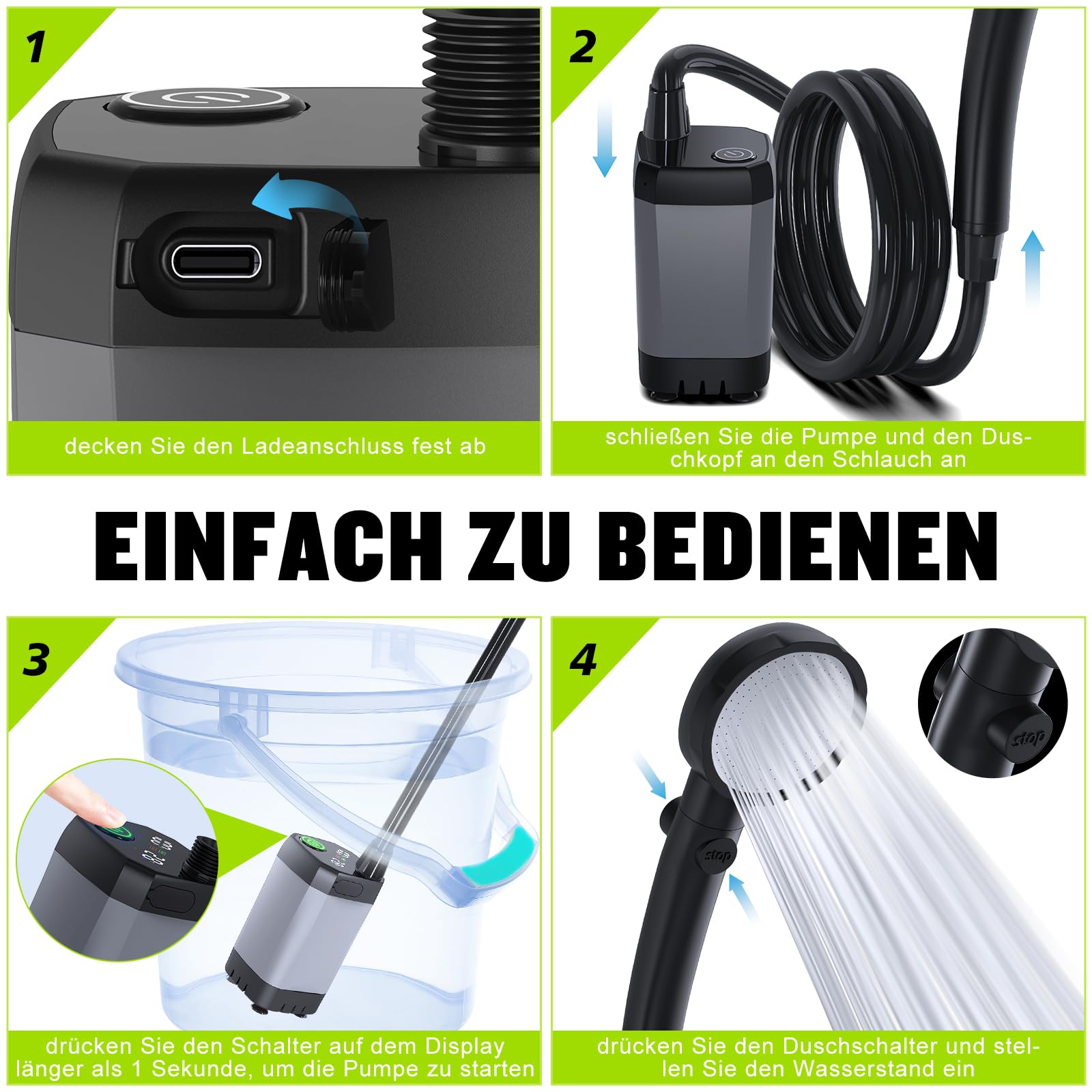 Spopal Campingdusche Tragbare, [6000mAh] Camping Dusche mit mit Pumpe und Temperaturanzeige, Camping Dusche Outdoor Set mit Duschkopf und 2M Schlauch für Garten, Autowaschen, Strand, Reisen, Haustier