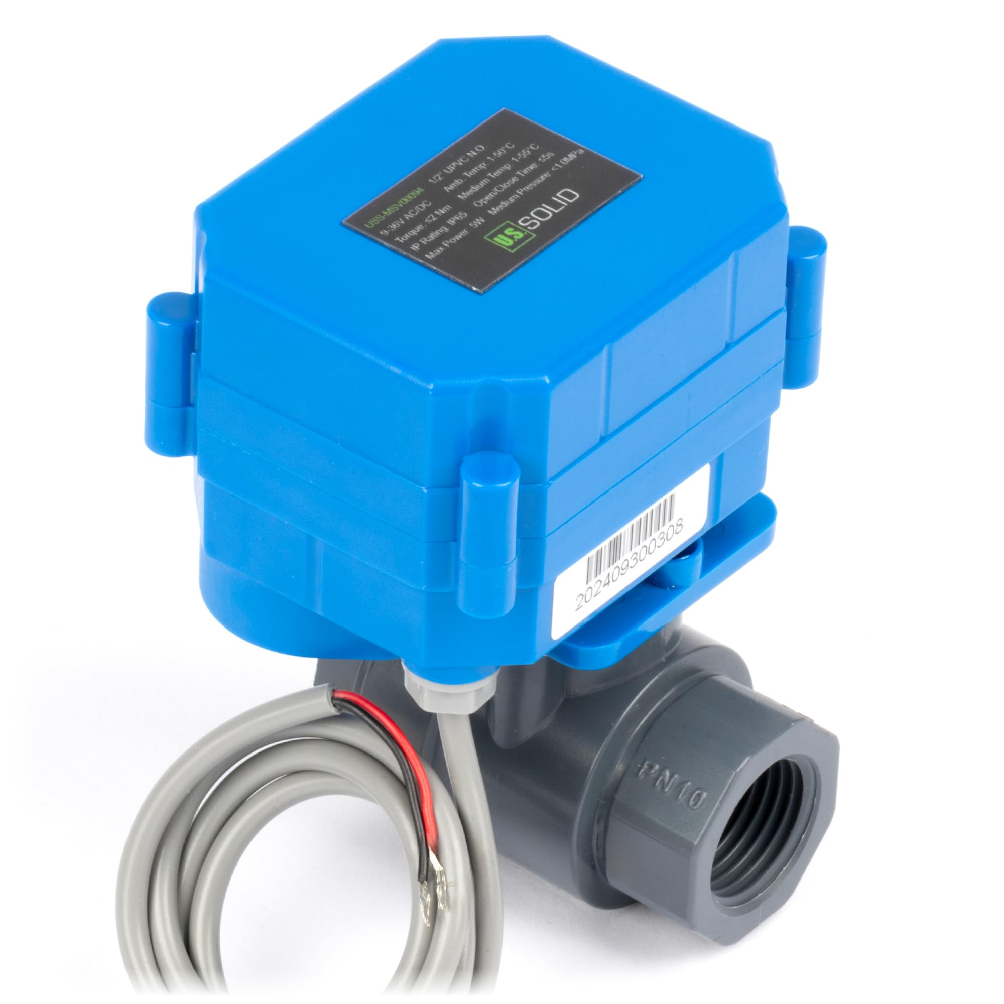 U.S. Solid Valvola a sfera motorizzata UPVC 1/2" – Valvola a sfera elettrica in plastica con passaggio completo, ritorno auto a 2 fili, 9-36 V AC/DC, normalmente aperta