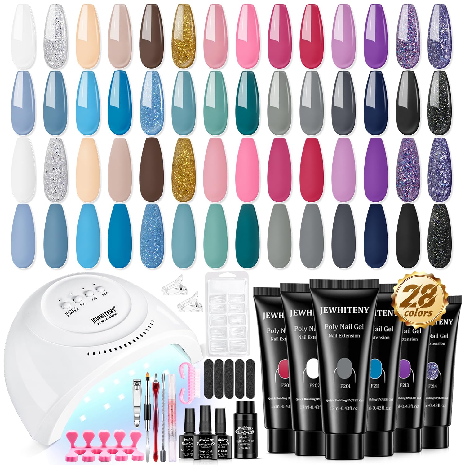 JEWHITENY 28 Colors Clear Nude Pink Poly Nail Extension Gel Kit Poly Portable Builder Nail Gel Nail Thickening Strengthen Quicky-Dry Set for Manicure Beginner F201-F228 SUN1G KIT