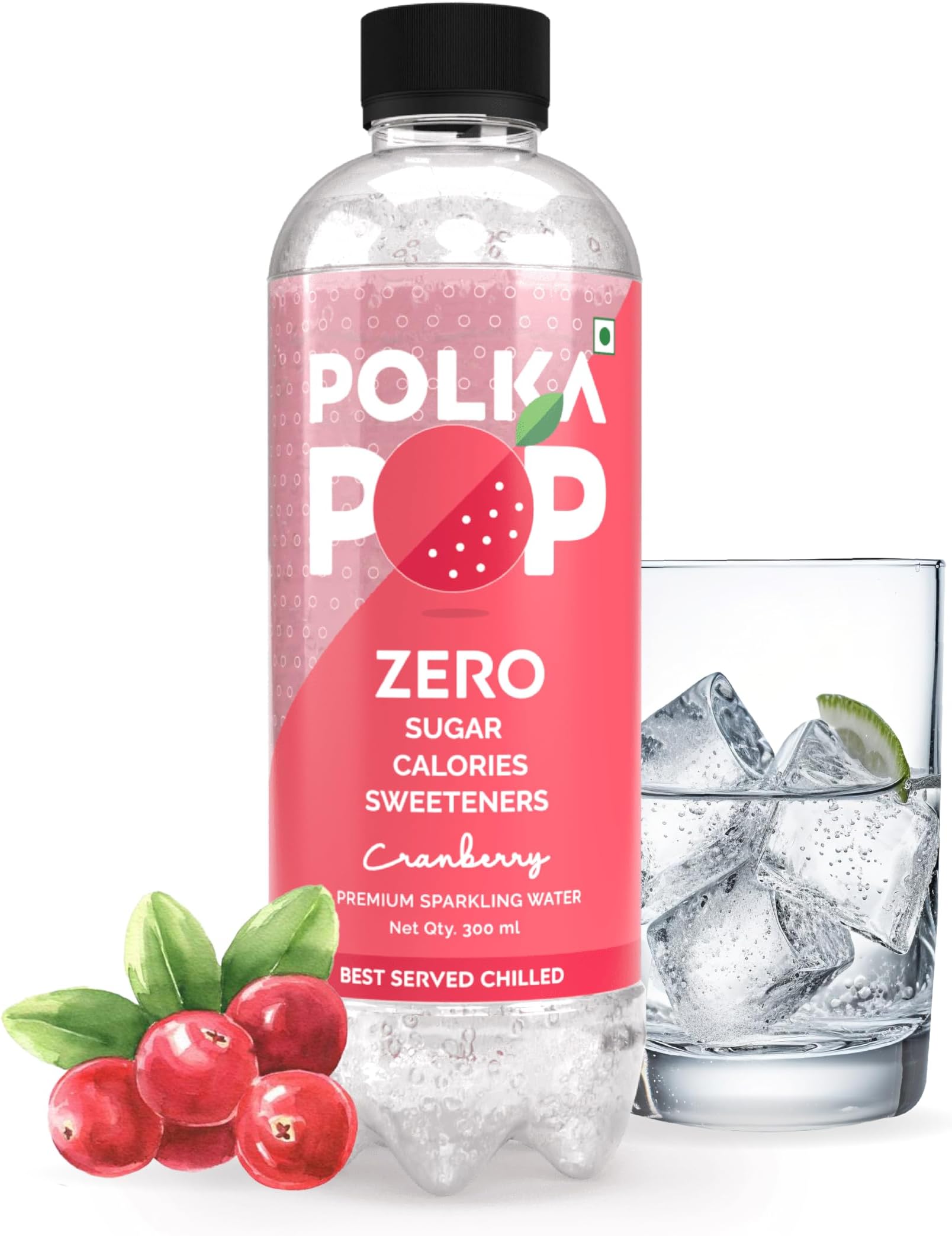 POLKA POP Cranberry Flavoured Sparkling (Fizzy) Water | Pack of 12 (300ml Each) | 100% Natural Flavour | Zero Sugar & Zero Calories | No Aspartame or Stevia | No Preservatives