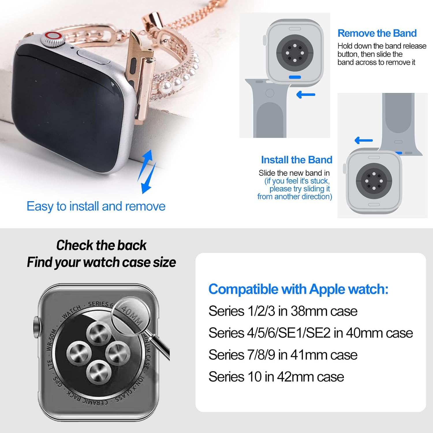 Slim Metal Watch Band Compatible with Apple Watch Series 10/9/8/7/6/5/4/3/2/1/SE/Ultra