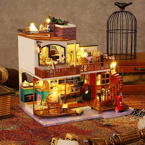 Miniatura 2 de Casa de muñecas en miniatura de estilo europeo de doble piso, muebles de madera, kit de casa de muñecas DIY con sala creativa LED, regalo para