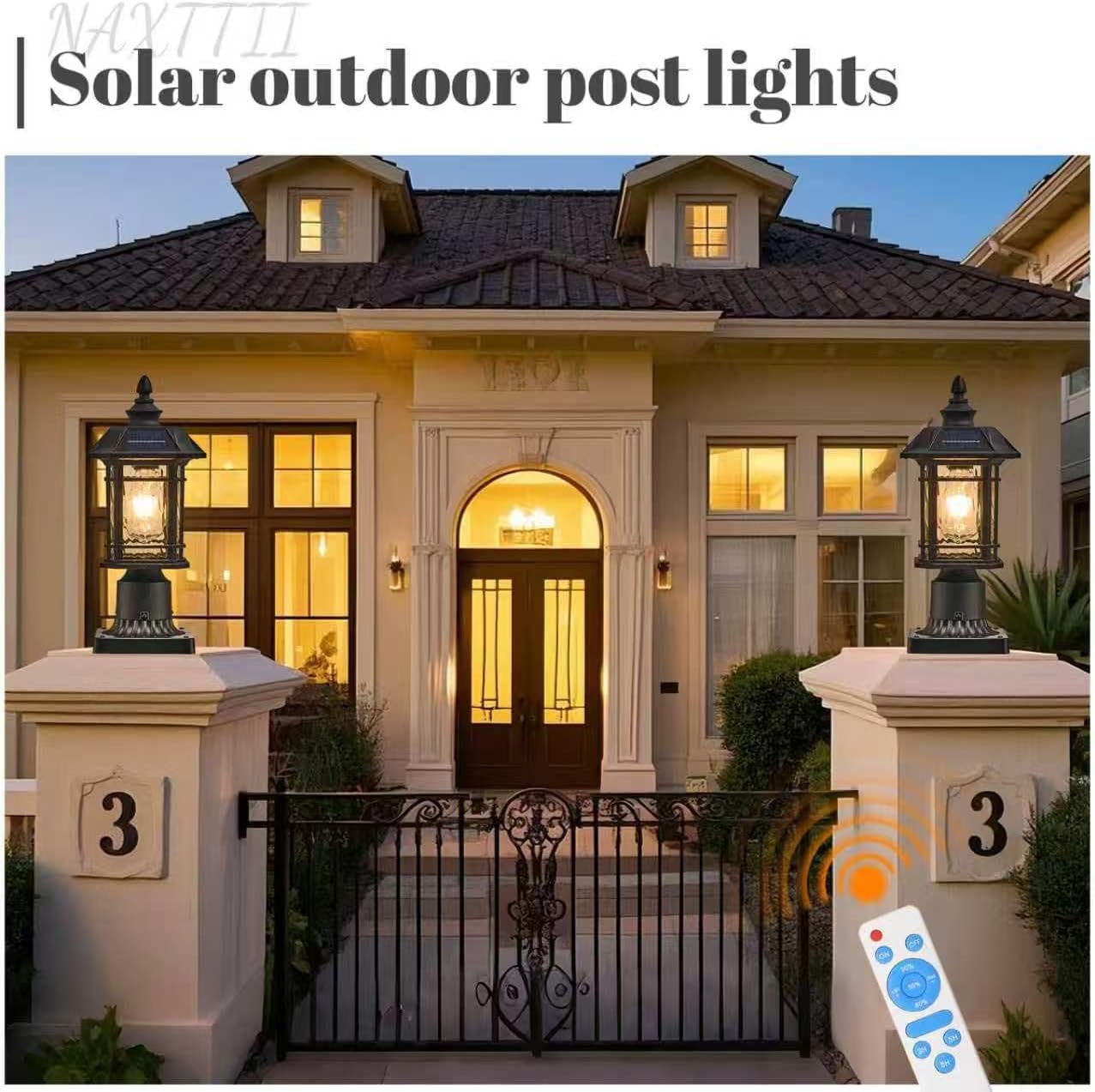 Solar Lamp Post Light Outdoor with Remote Control Waterproof Lamp Post Light Fixture for Fence Pole Garden Aluminum Black Outdoor Post Lights Hard Wired 15.1 Inch Height 2-Pack Include LED Bulb