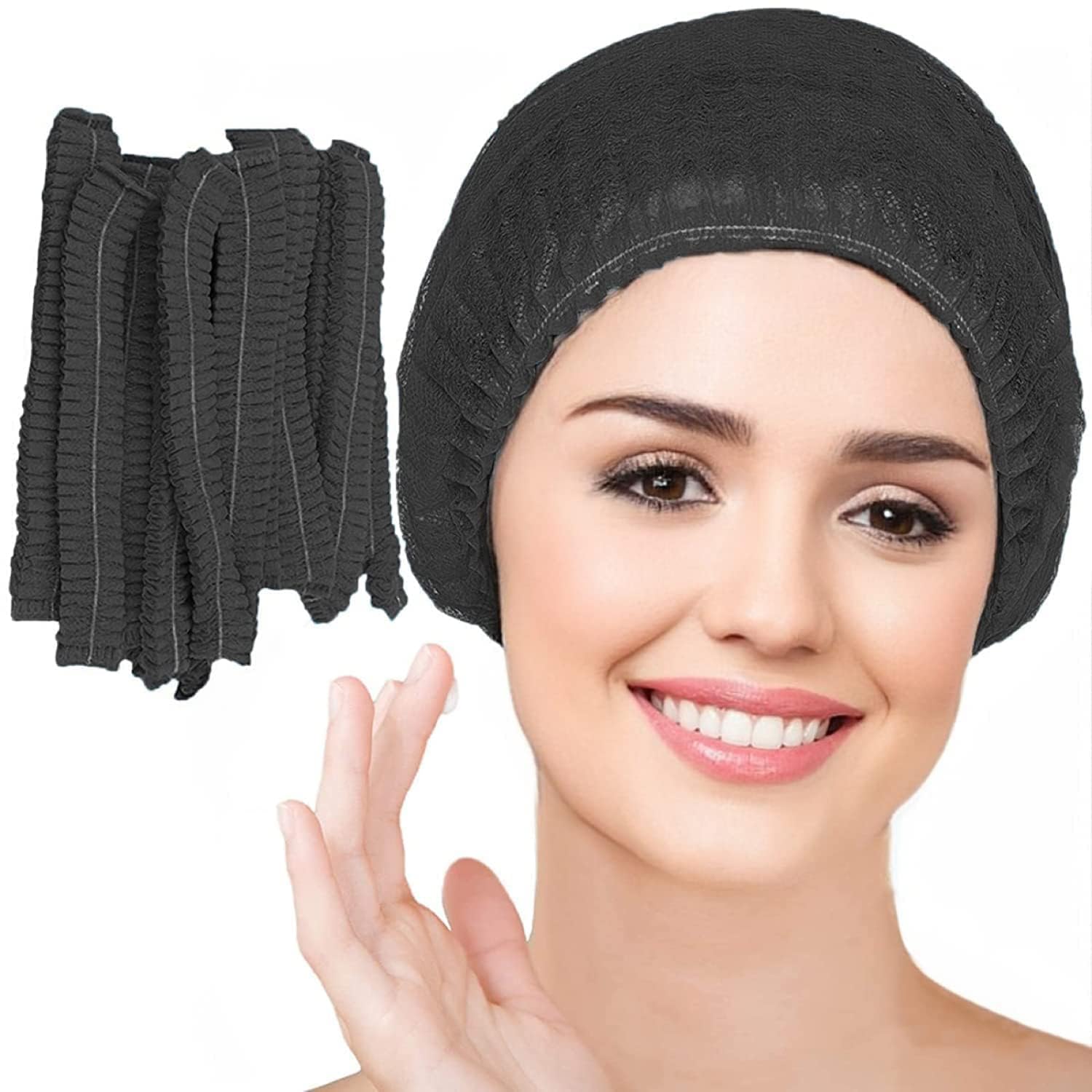 100 pcs Black Disposable Bouffant Caps for Salon, Kitchen, Hospital Use, Soft Breathable Fabric, Elastic Band (Black)