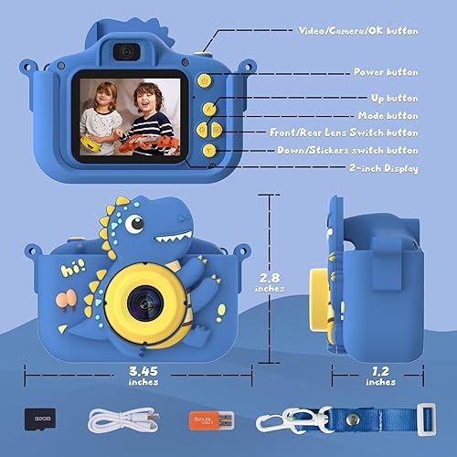 Miniatura 7 de NIDOOT Cámara de dinosaurio para niños, cámara HD selfie para niños, juguetes de cumpleaños de Navidad para niños y niñas de 3 a 12 años, cámara