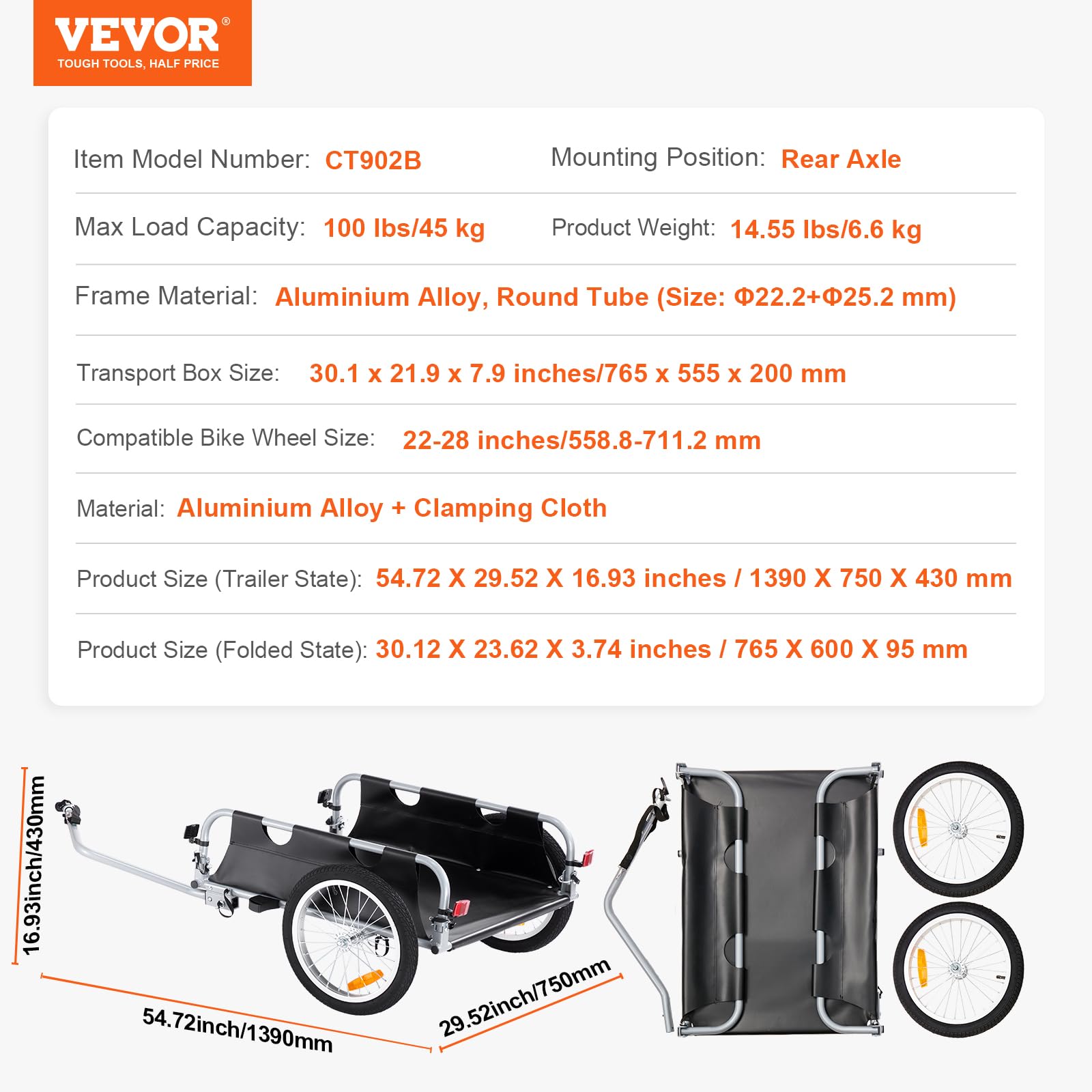 VEVOR Fahrrad-Lastenanhänger, 88/100/72,6 kg Tragfähigkeit, robuster Fahrradwagen, zusammenklappbar, kompakt, mit Universalkupplung