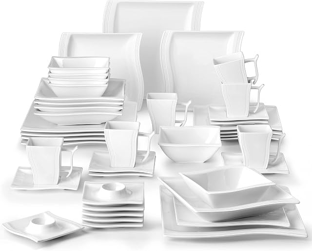 MALACASA, Series Flora, 42-Piece Dinner Set Wave Shaped Ivory White Porcelain Tableware Set with 6-Piece Cups/Saucers/Dessert Plates/Soup Plates/Cereal Bowl/Egg Cups/Dinner Plates, Service for 6