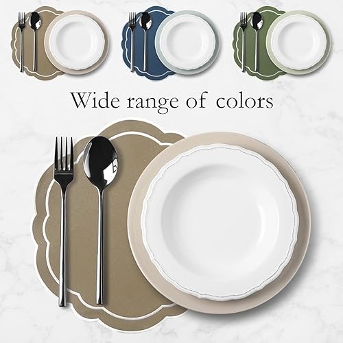 Miniatura 4 de Juego de 4 manteles individuales redondos, lino de algodón, doble capa, manteles individuales bordados festoneados de lujo, 16 pulgadas, mantel