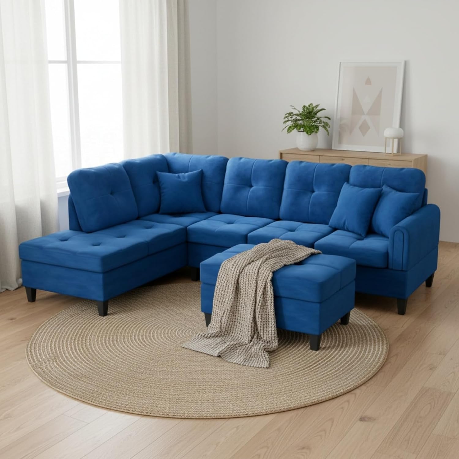 Flannel L-Shape Sectional Couch with Storage Ottoman, Modern 3-Piece Sofa Set for Living Room, Contemporary Upholstered Couch Set with Solid Wood Frame for Apartment, Blue