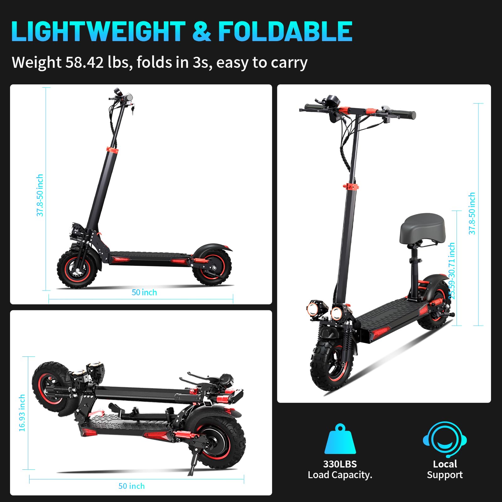 11" Patinete Eléctrico Adulto Todo Terreno Scooter - Autonomía de 34 Millas, 48V 18AH Batería Grande,Doble Suspensión & Doble Freno, Altura Ajustable, Regalo Navideño para Jóvenes