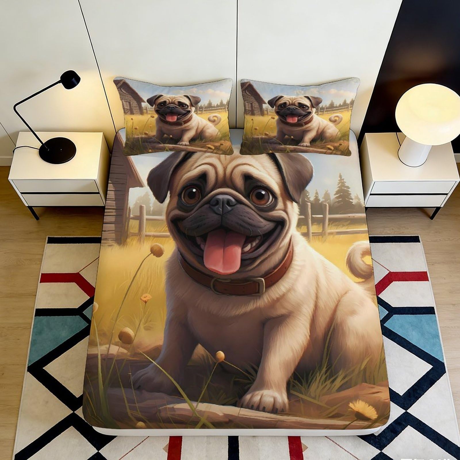 Jqzkxnhpbr Style-1 3D Printed Cartoon Pug Dog Fitted Sheet Microfiber Soft Animal Meadow Mattress Cover For Bedroom Guest Room Decor 90X200x25cm