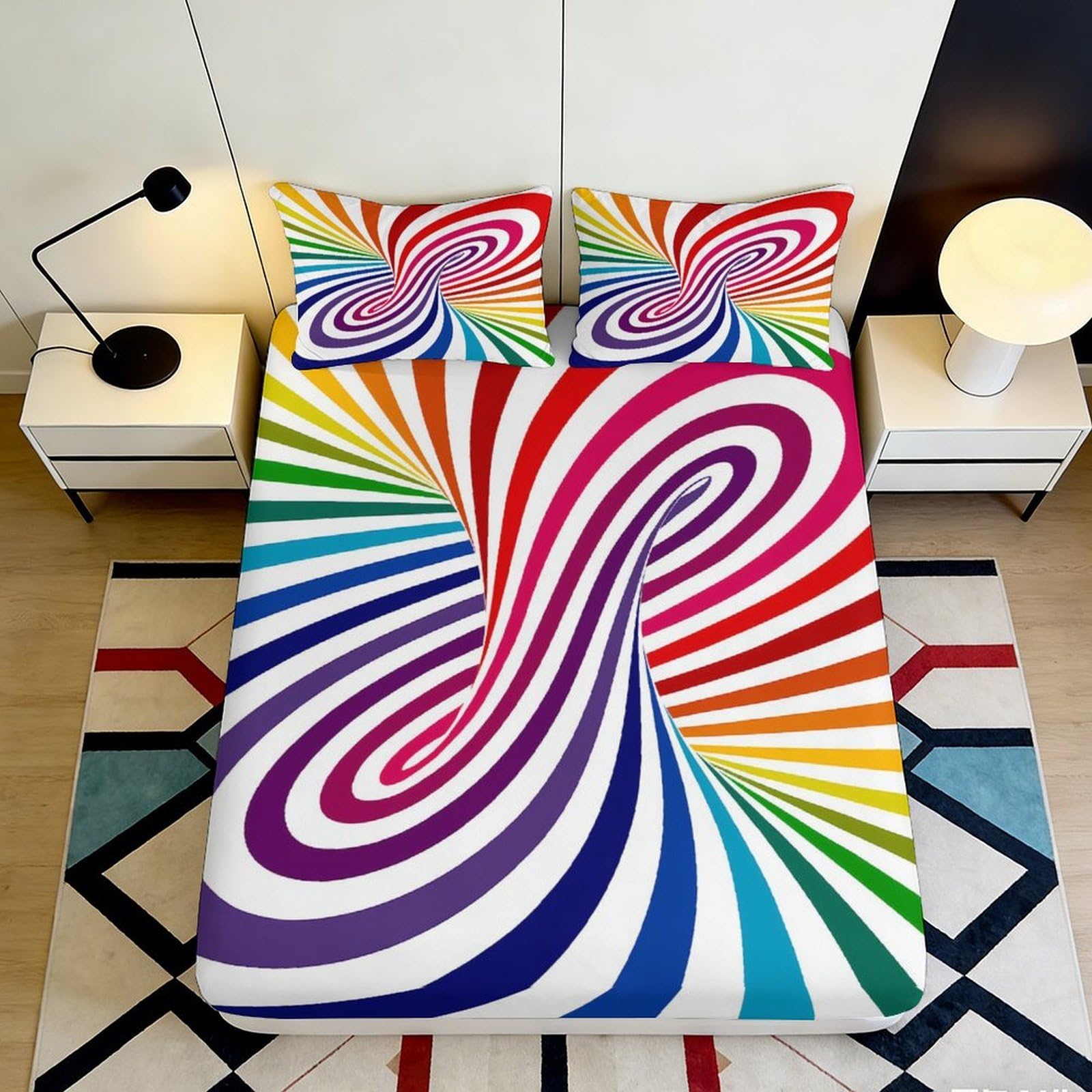 3D Printed Rainbow Swirl Fitted Sheet Microfiber Soft Breathable Psychedelic Mattress Cover for Bedroom Home Decor 90x200x25cm