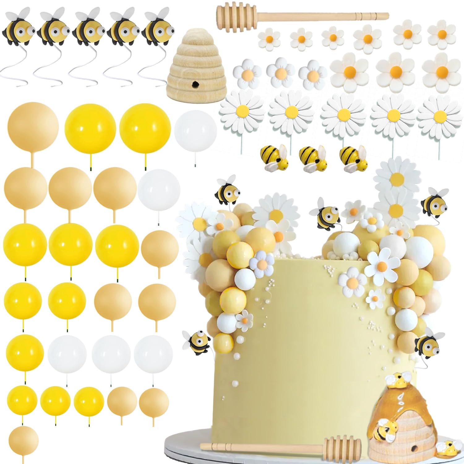 59PCS Bee Cake Topper Daisy Birthday Decoration with Bees Daisy Honeycomb Honey Stick Yellow White Balls Set for Birthday Party