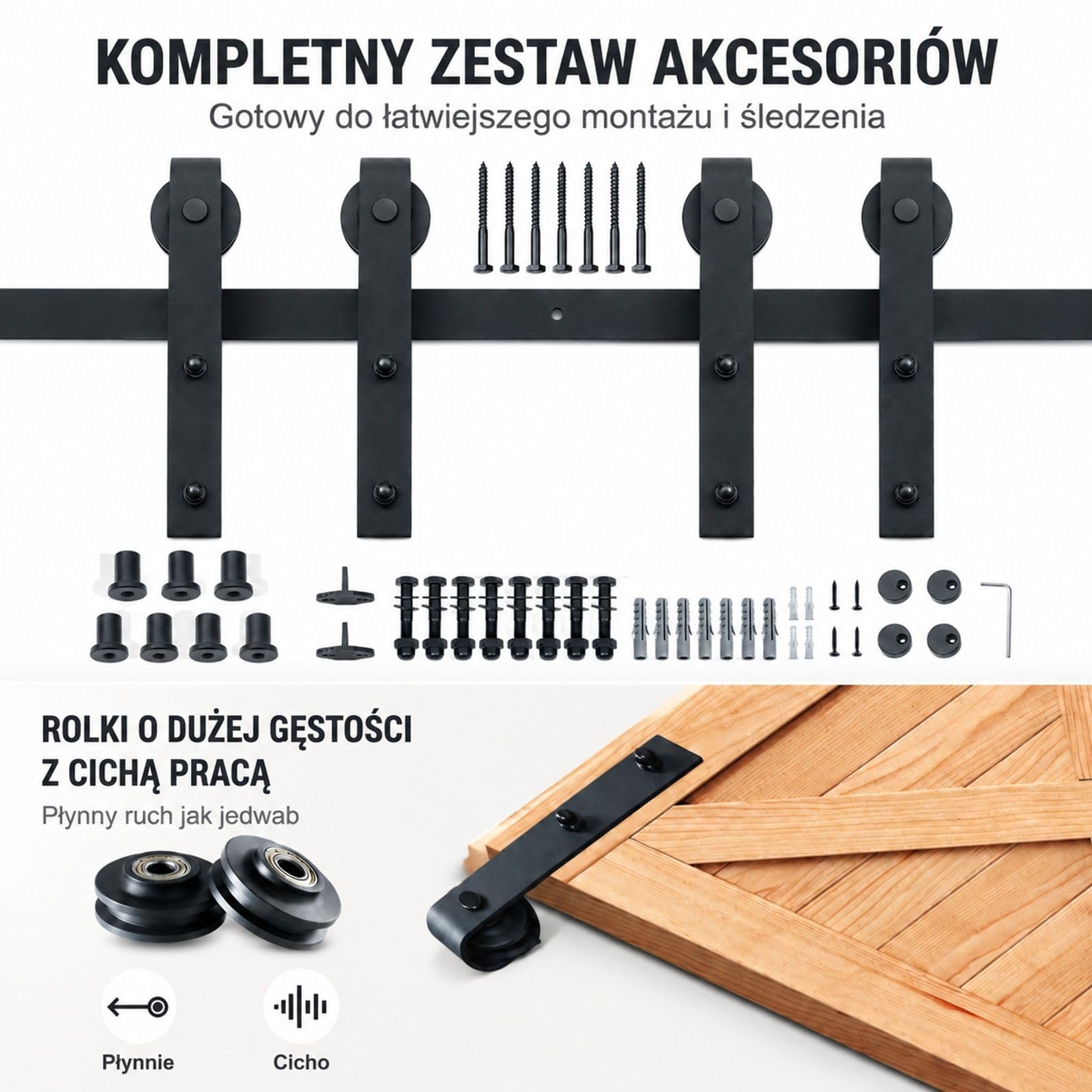 Okucia do podwójnych drzwi przesuwnych, system szyny w kształcie litery J, dwuczęściowa prowadnica, rolki ze stali węglowej