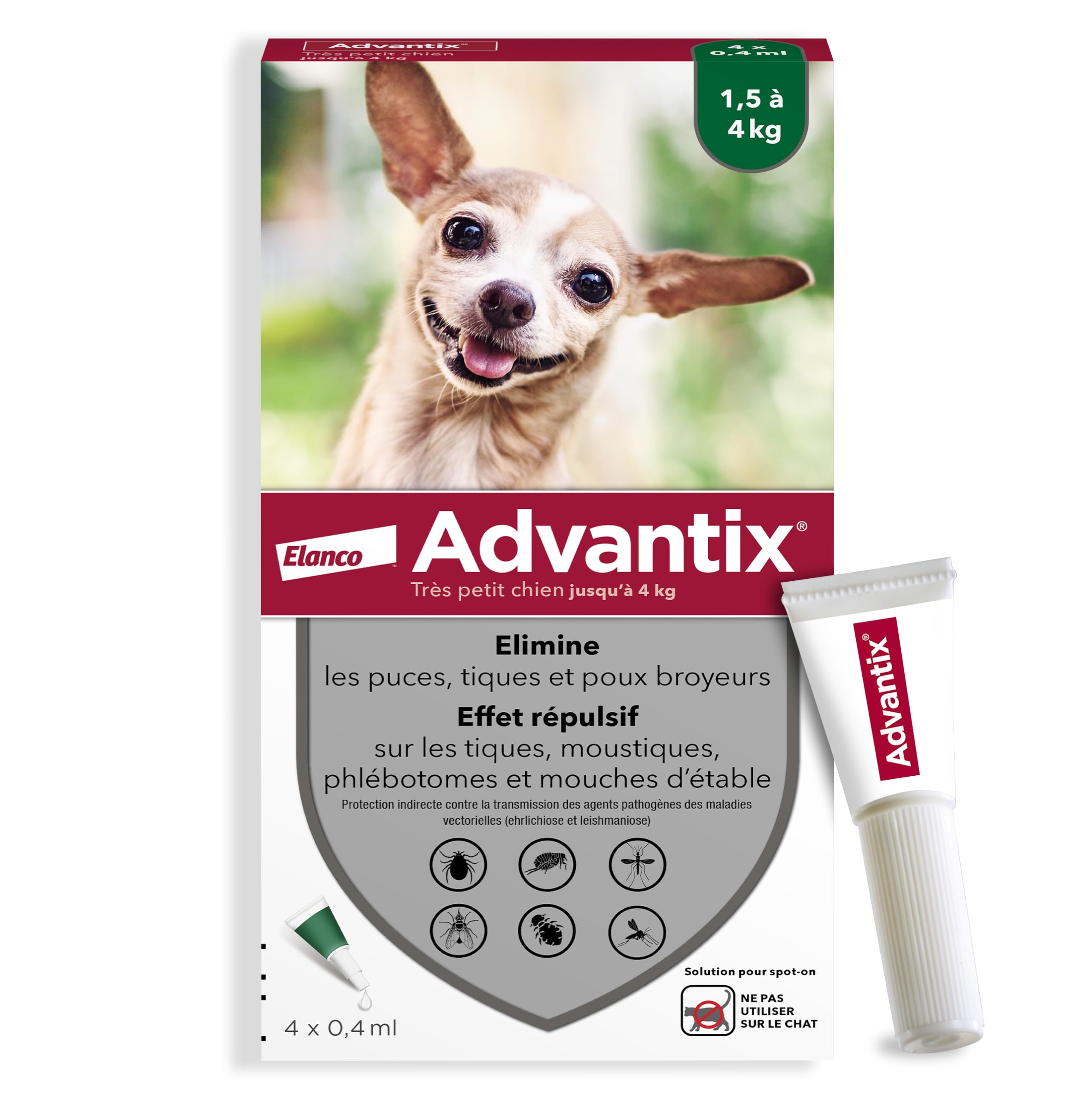 Advantix Very Small Dog Between 1.5 and 4 kg - Dog Pipettes Against 6 Parasites - Treatment and Protection for Your Dog for 4 Weeks - 4 x 1ml