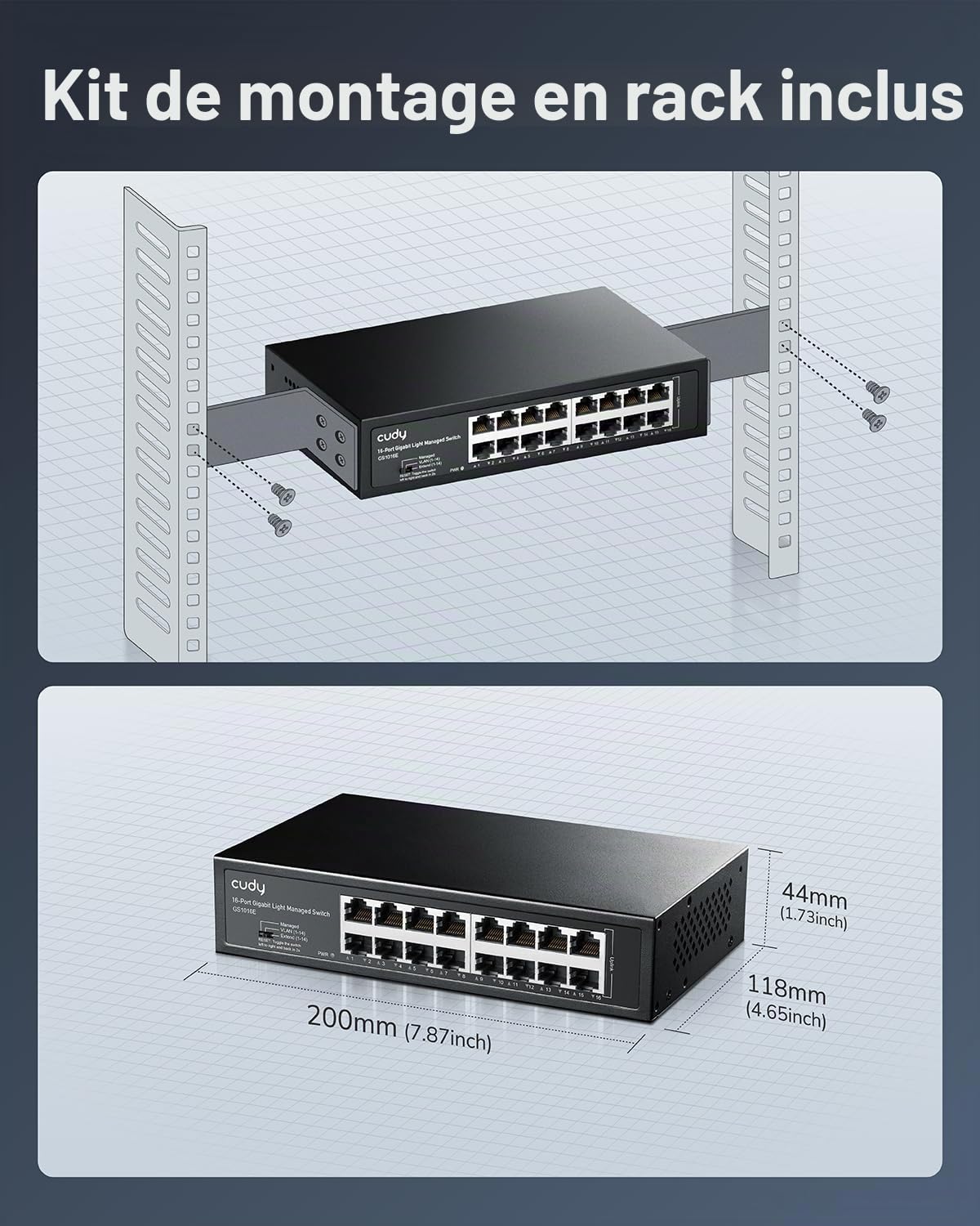 Cudy Commutateur Intelligent Gigabit à 16 Ports, 32 Gbit/s, GS1016E | 16 ports GbE, transfert à débit de ligne, isolation des ports/mode 250 m, boîtier SPCC, 200 × 118 × 44 mm, profe