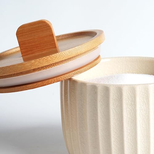 Miniatura 6 de Recipiente de sal con tapa de bambú, cuencos de cerámica de gran capacidad de 14 onzas, caja de pimienta, recipiente de condimentos de esmalte