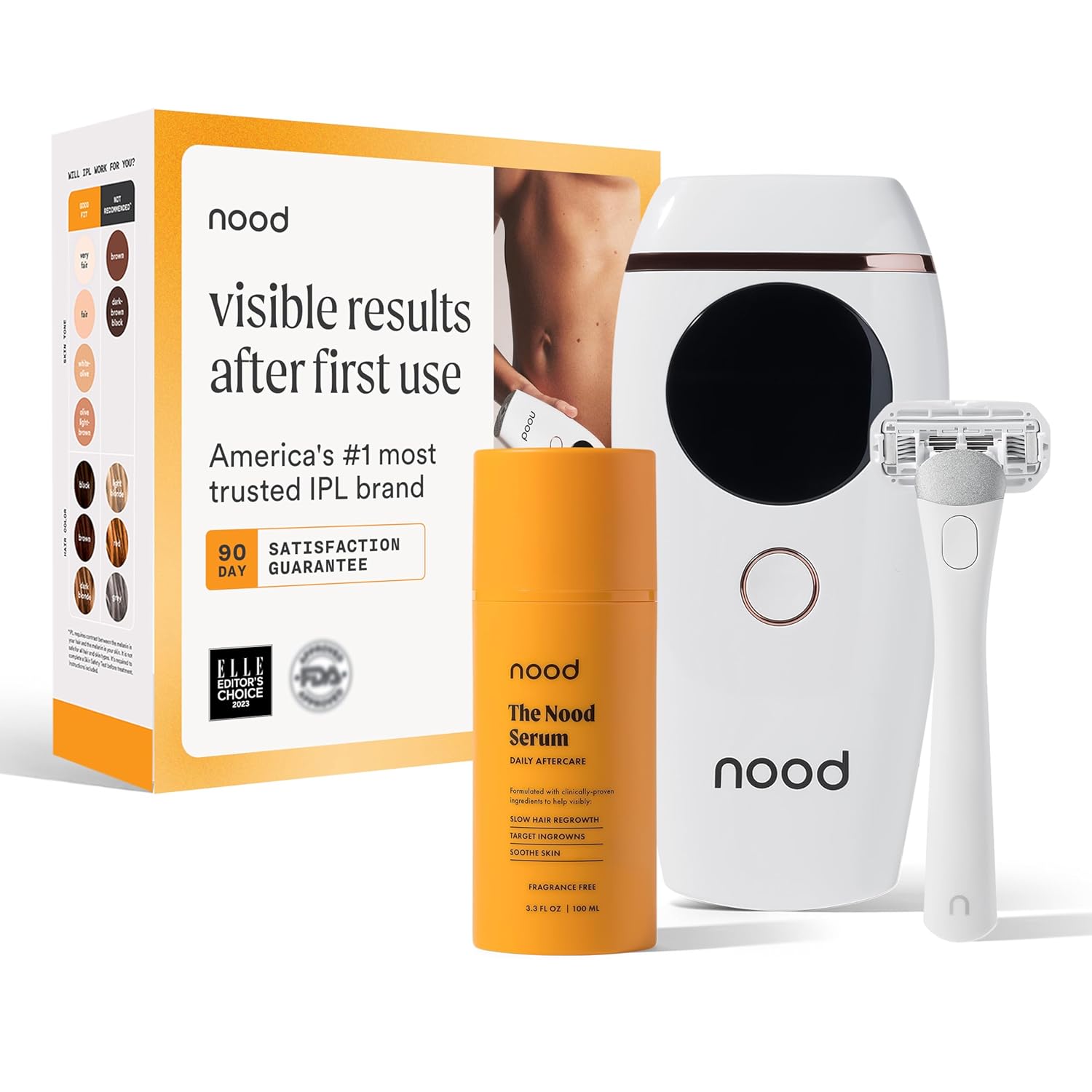 NEW Nood™ Flasher 2.0 + Serum + Shaving Starter Kit — IPL Laser Hair Removal Device for Women & Men with Refillable 5-Blade Razors & After Shave to Prevent Ingrowns & Slow Hair Regrowth — Gloss White NEW Nood™ Flasher 2.0 + Serum + Shaving Starter Kit — IPL Laser Hair Removal Device for Women & Men with Refillable 5-Blade Razors & After Shave to Prevent Ingrowns & Slow Hair Regrowth — Gloss White