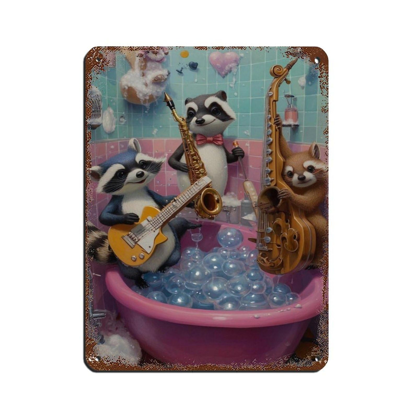 Cute Racoon Band, Adorable Animal Music Decor Tin Sign Vintage Metal Pub Club Cafe Bar Home Wall Art Decoration Poster Retro 12x16inch(30x40cm)