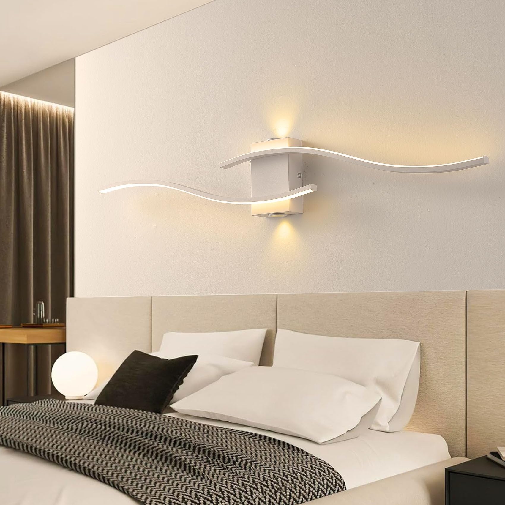 J.SUNUN LED Wall Light Indoor Modern 35W 3000LM White LED Wall Lampe 3000K Warm Light Wave LED Wall Lighting Fixtures for Bedroom Living Room Kitchen Office Hotel Dining Room 100CM