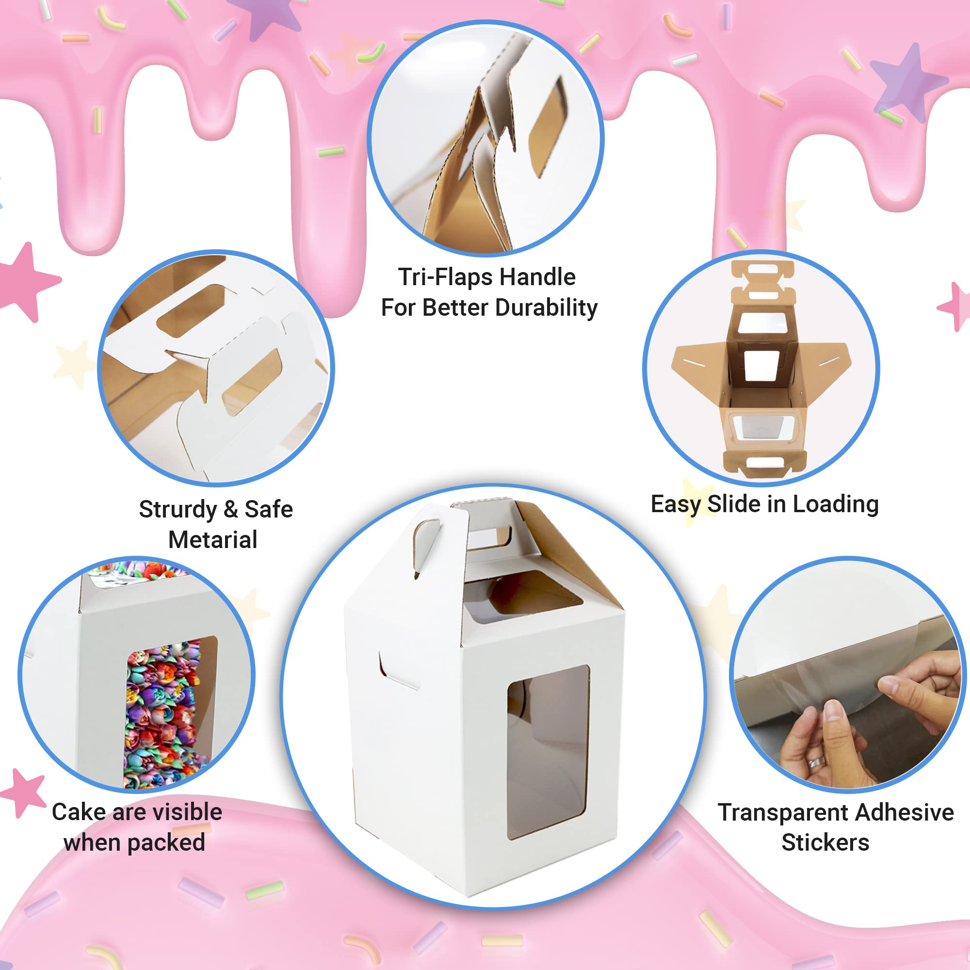 Buy TriHandle Tall Cake Boxes With Windows In 2 Sizes 6 Pack 10x10x12