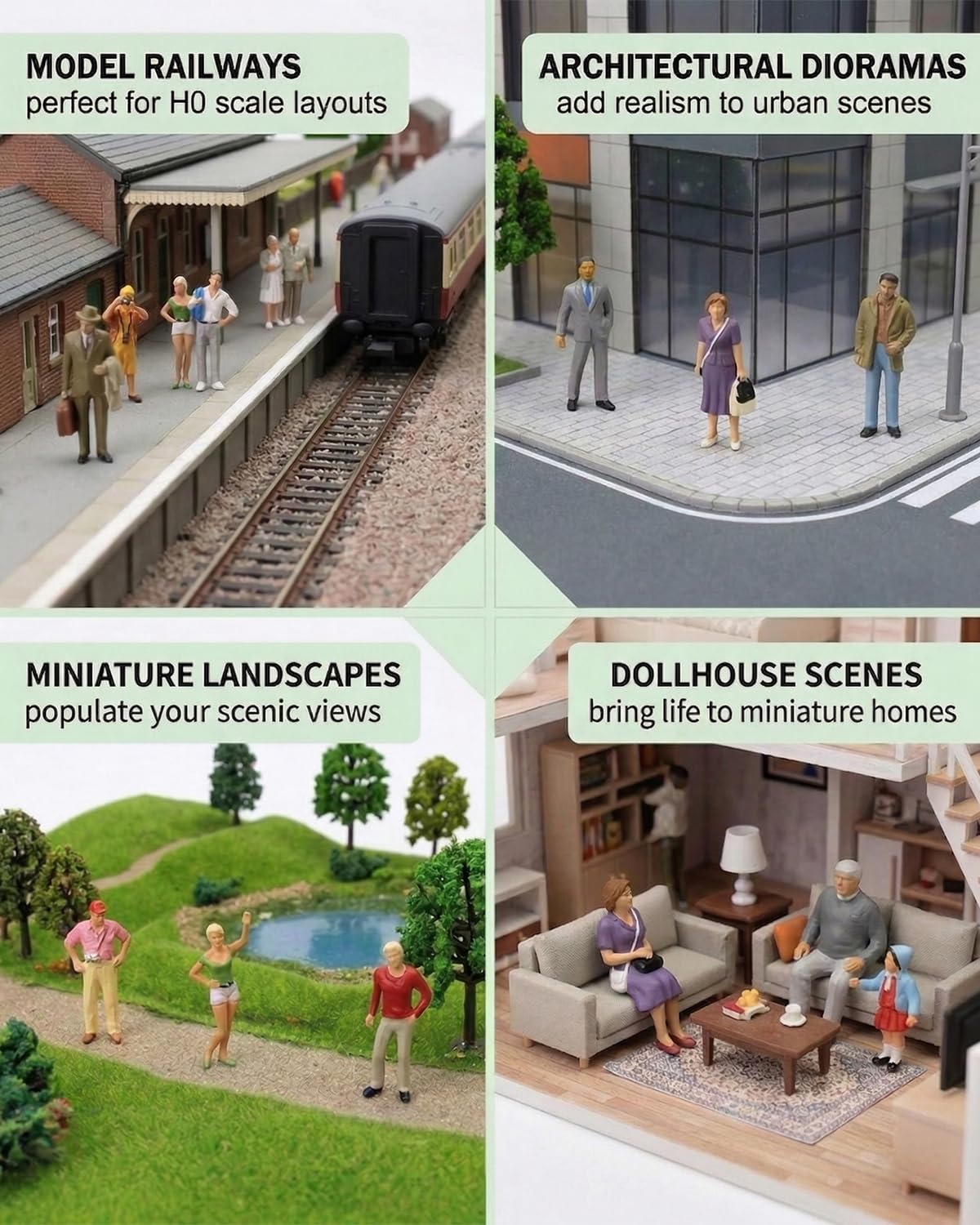 50pcs Miniaturfiguren Menschen 60er Set – Kleine H0 Figuren 1:87, bemalt, verschiedene Posen für Modelleisenbahn, Diorama, Puppenhaus & Modellbau