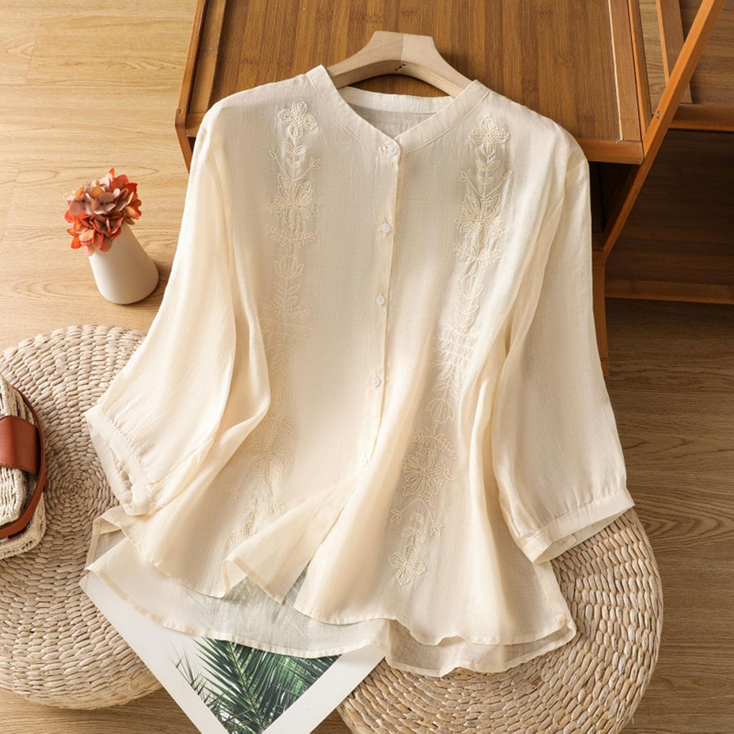 Womens 3/4 Sleeve Stand Collar Embroidered Linen Shirts | Vintage Floral Embroidered Tunic Tops, Loose Fit Textured Casual Blouses, Vacation Beach Boho Casual Outfits