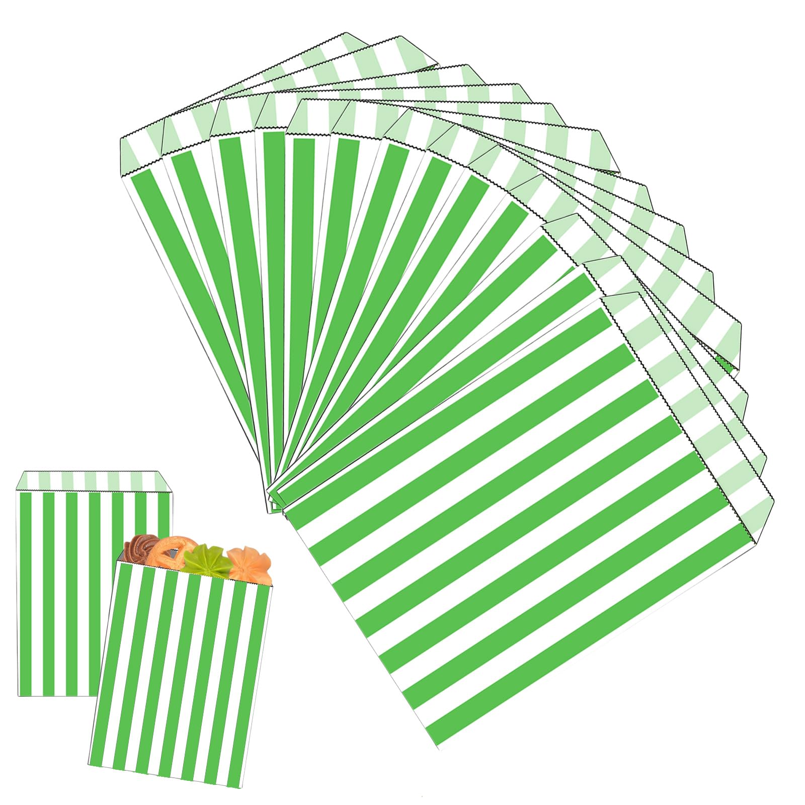 Somwell 100 Sacchetti Di Carta A Righe Verdi - 25,4x35,6 Cm - Ecologici E Sicuri Per Alimenti - Per Dolci, Feste, Bomboniere, Pick N Mix - 4