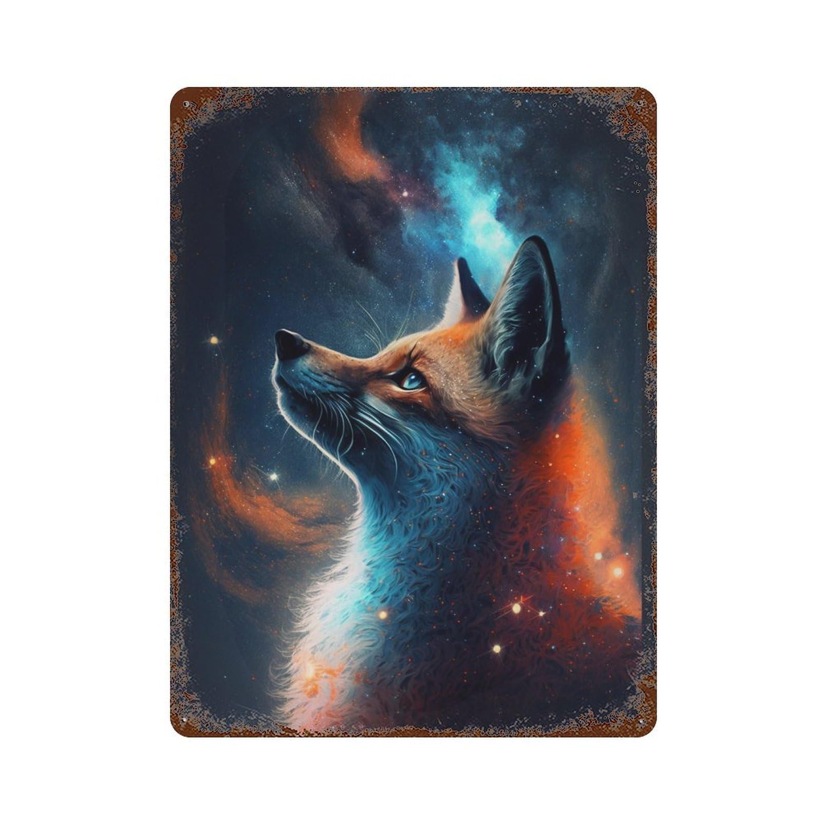 Rust Effect Cosmic Fox Portrait-2 Distressed Metal Wall Sign 15.7"x11.8", Shabby Chic Decor for Pub, Kitchen And Man Cave Decor