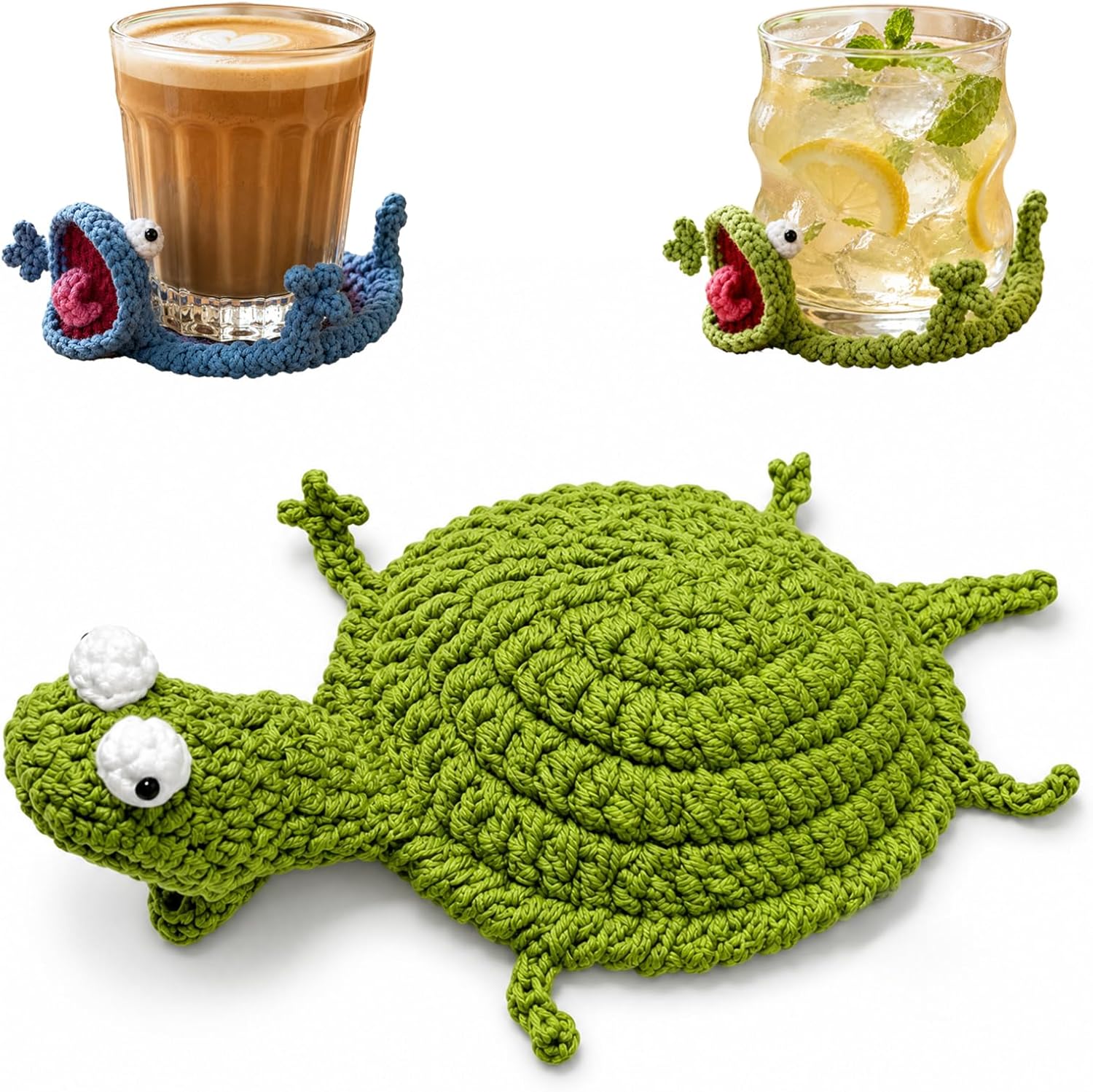 Crochet Lizard Drink Coasters, Cute Handmade Cup Coaster for Coffee Table, Bar, Office Desk Decor, Funny Gifts (1, Green Lizard)