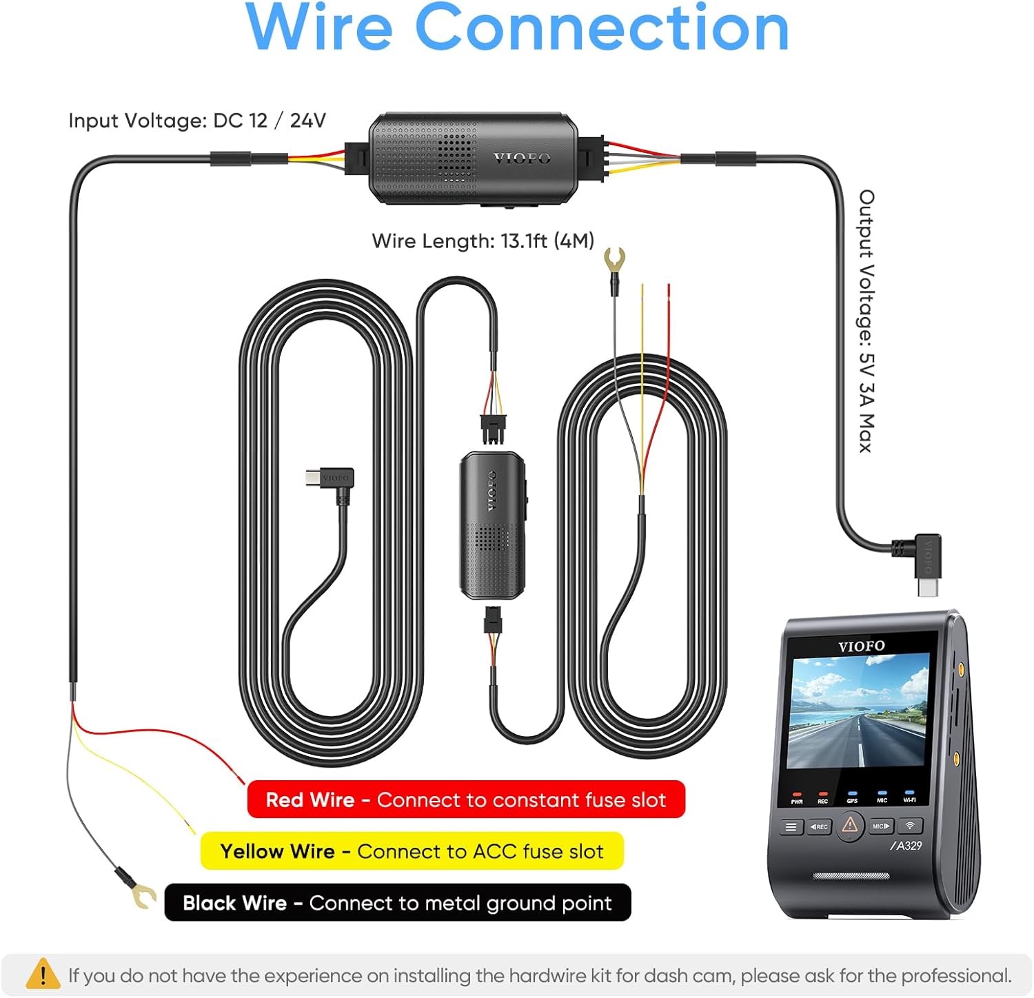 Detailed wiring diagram for the VIOFO HK6 Hardwire Kit, showing connections to constant fuse, ACC fuse, and ground point.