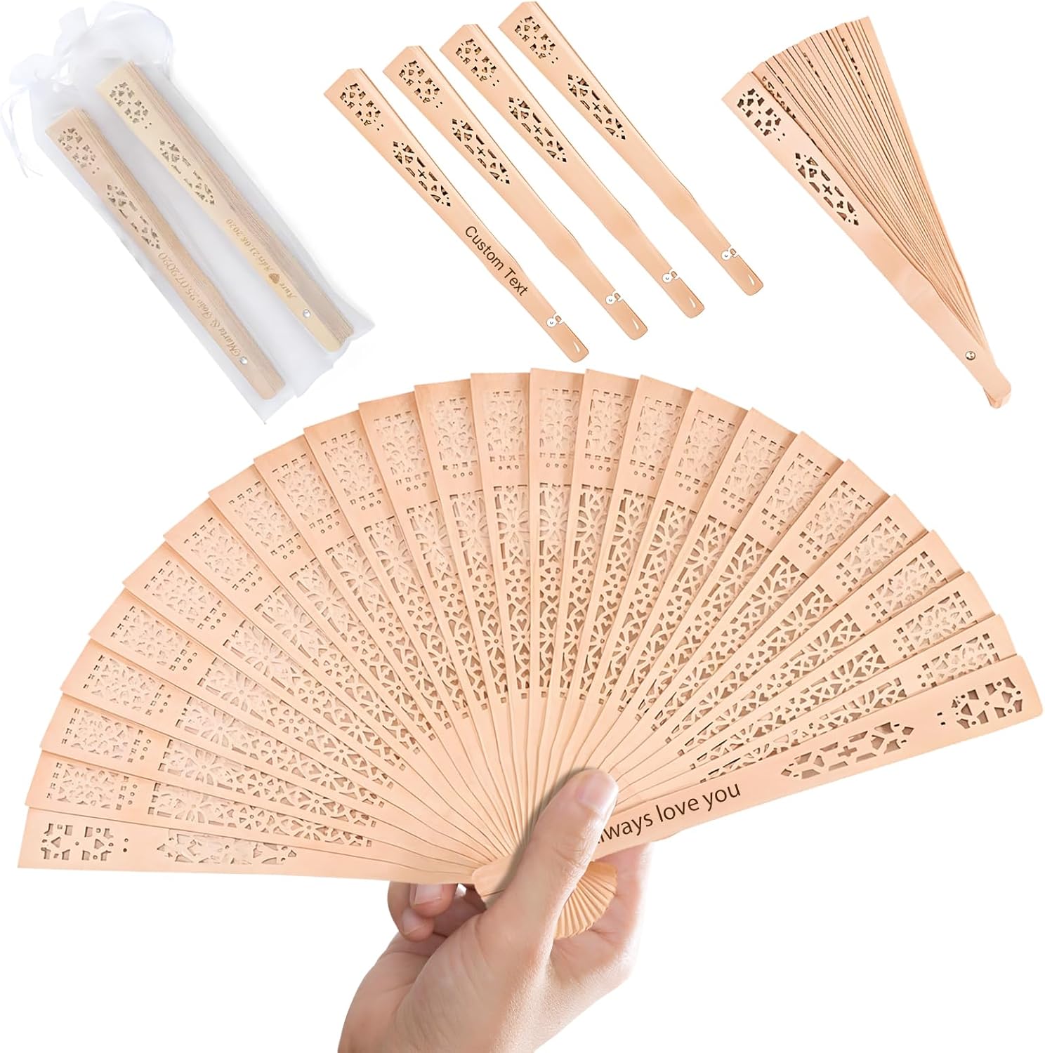 30 Pcs Personalized Wedding Fans for Guests Bulk – Custom Wooden Folding Hand Fans Engraved with Name/Date/Logo – Customized Sandalwood Hand Fan Party Favors for Outdoor Summer Wedding