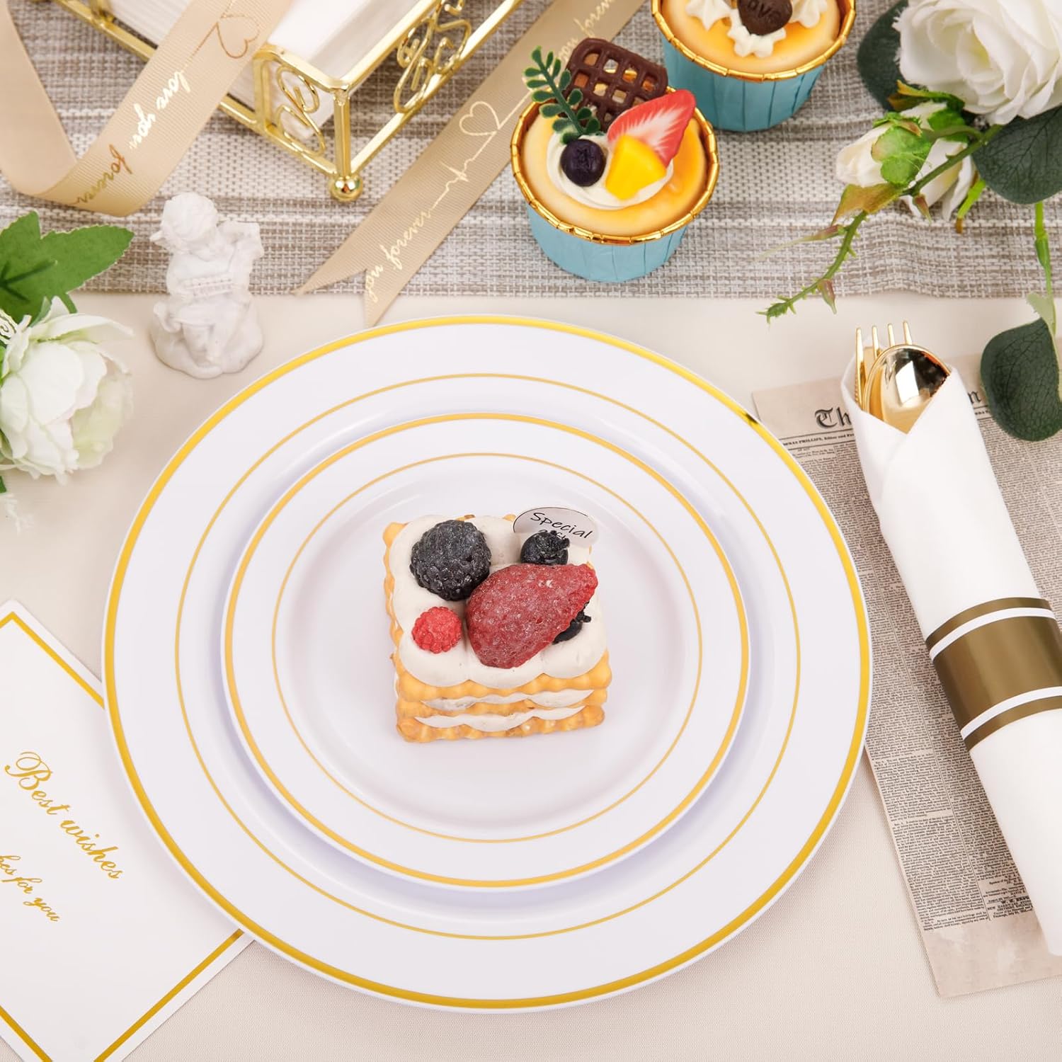 350 Piece Gold Plastic Dinnerware Set For 50 Guests - Gold Plastic Plates With Disposable Cutlery Include:50Dinner Plates-50Dessert Plates-50Pre Rolled Napkins With Gold Silverware