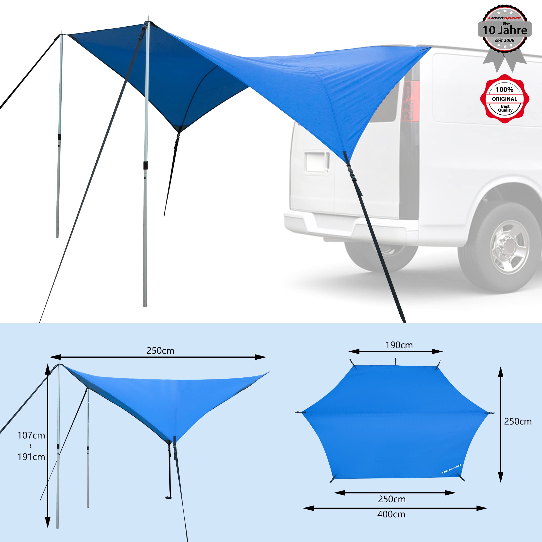 Ultrasport Auto-Vordach-Markise, geeignet für PKW, Vans und Campingbusse, Schützt vor Sonne und Regen, Langlebiges und Robustes Material, Integrierte Saugnäpfe sowie Heringe, Stangen und Bänder, Blau