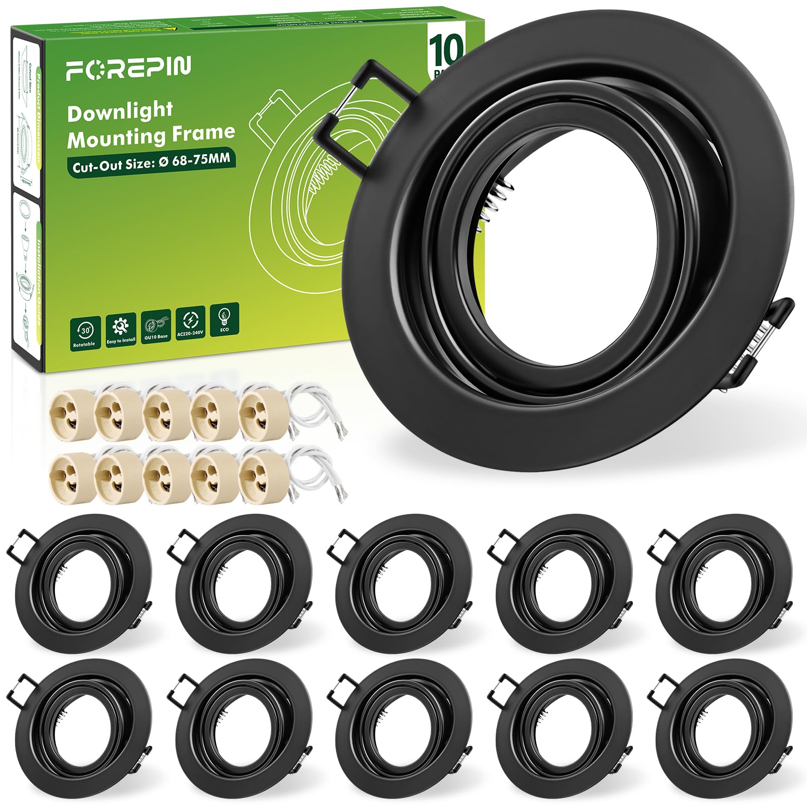 Forepin 10er Set Einbaustrahler LED Rahmen Ø68mm, GU10 Einbaurahmen Deckenspots Inkl. GU10 Fassung, 30° Schwenkbar Einbauspot LED Spots 230V für Einbaubeleuchtung