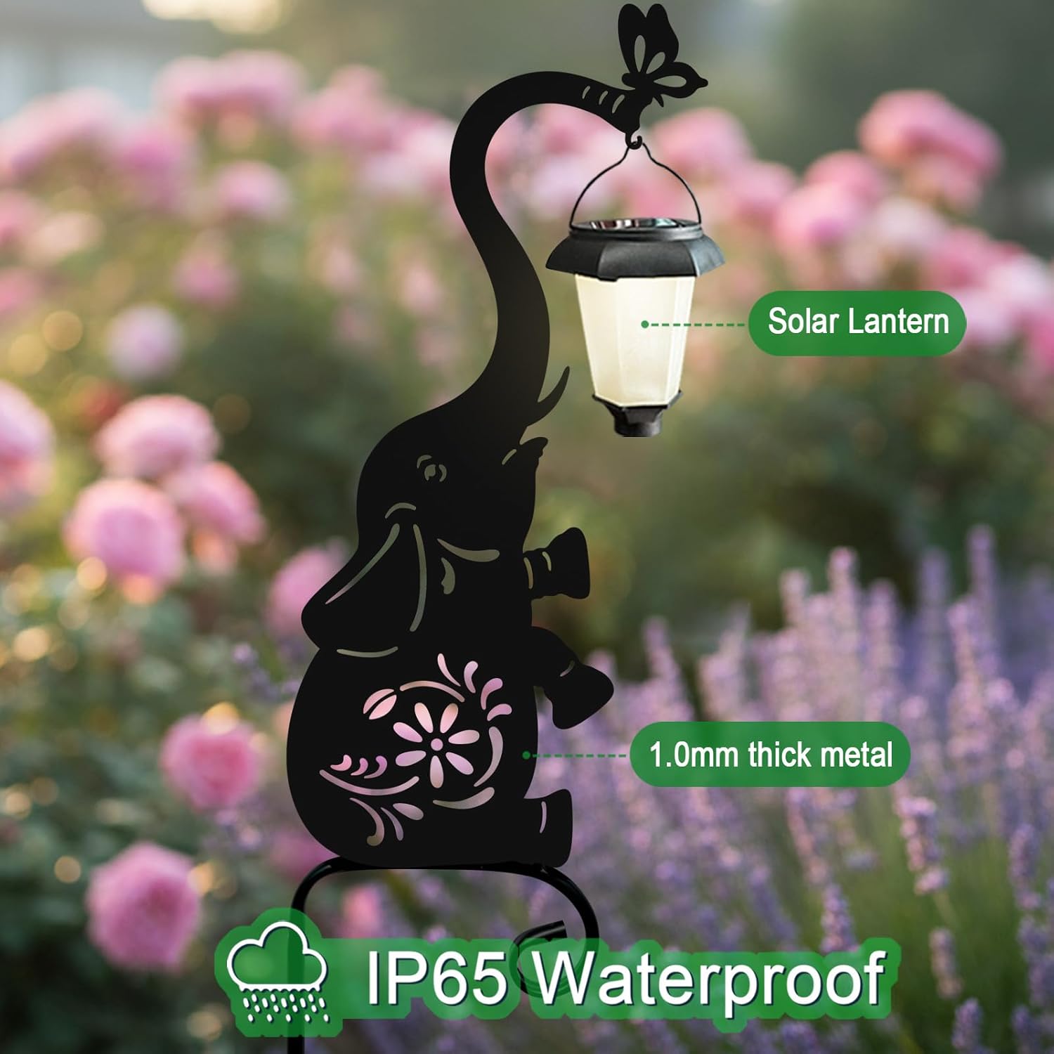 Metal Elephant with Solar Lantern Garden Stake,Garden Lights Solar Powered, Outdoor Decorations for Yard (Black Elephant)